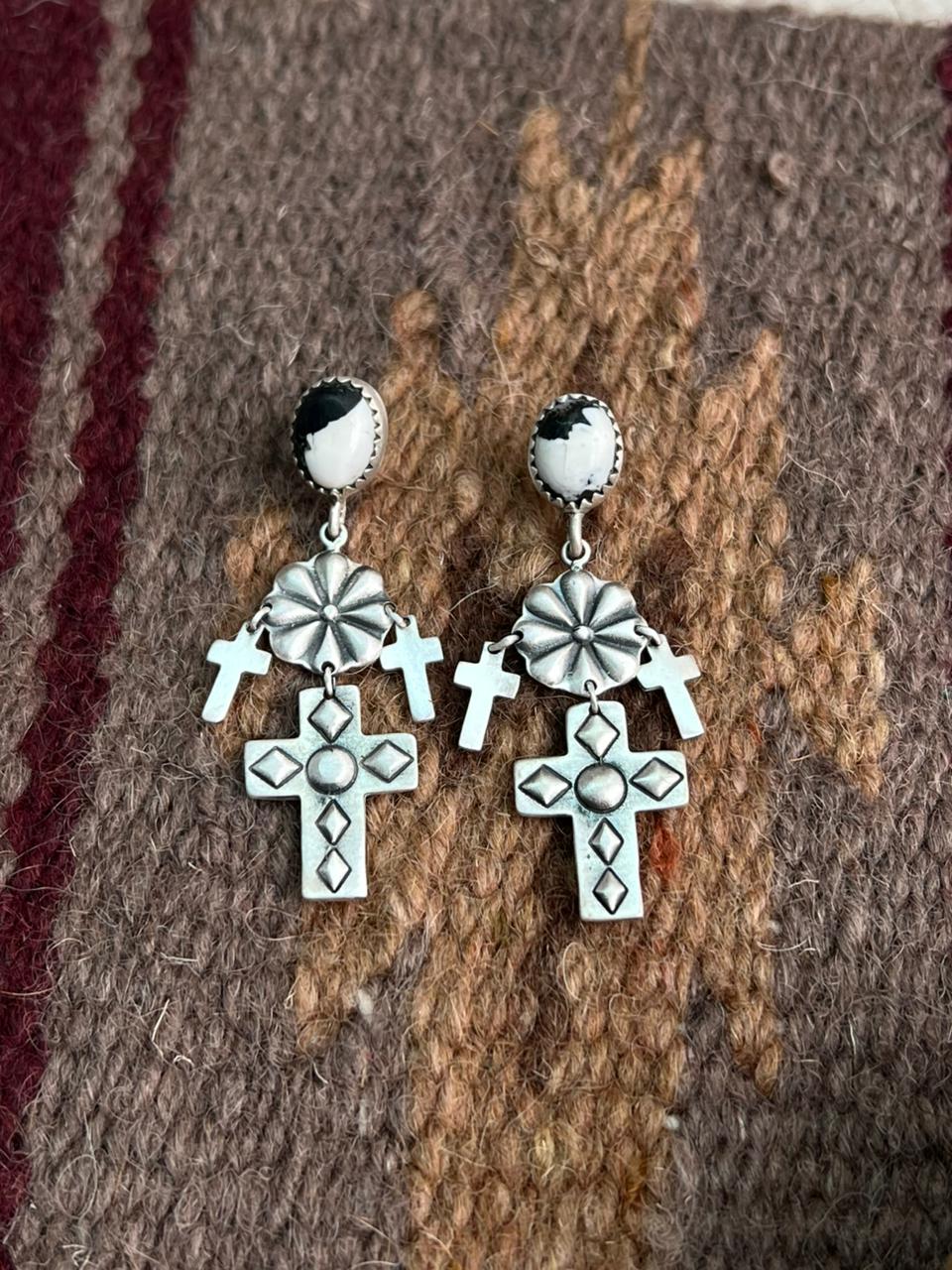 Handmade Sterling Silver White Buffalo Post Earrings "Signed Nizhoni"