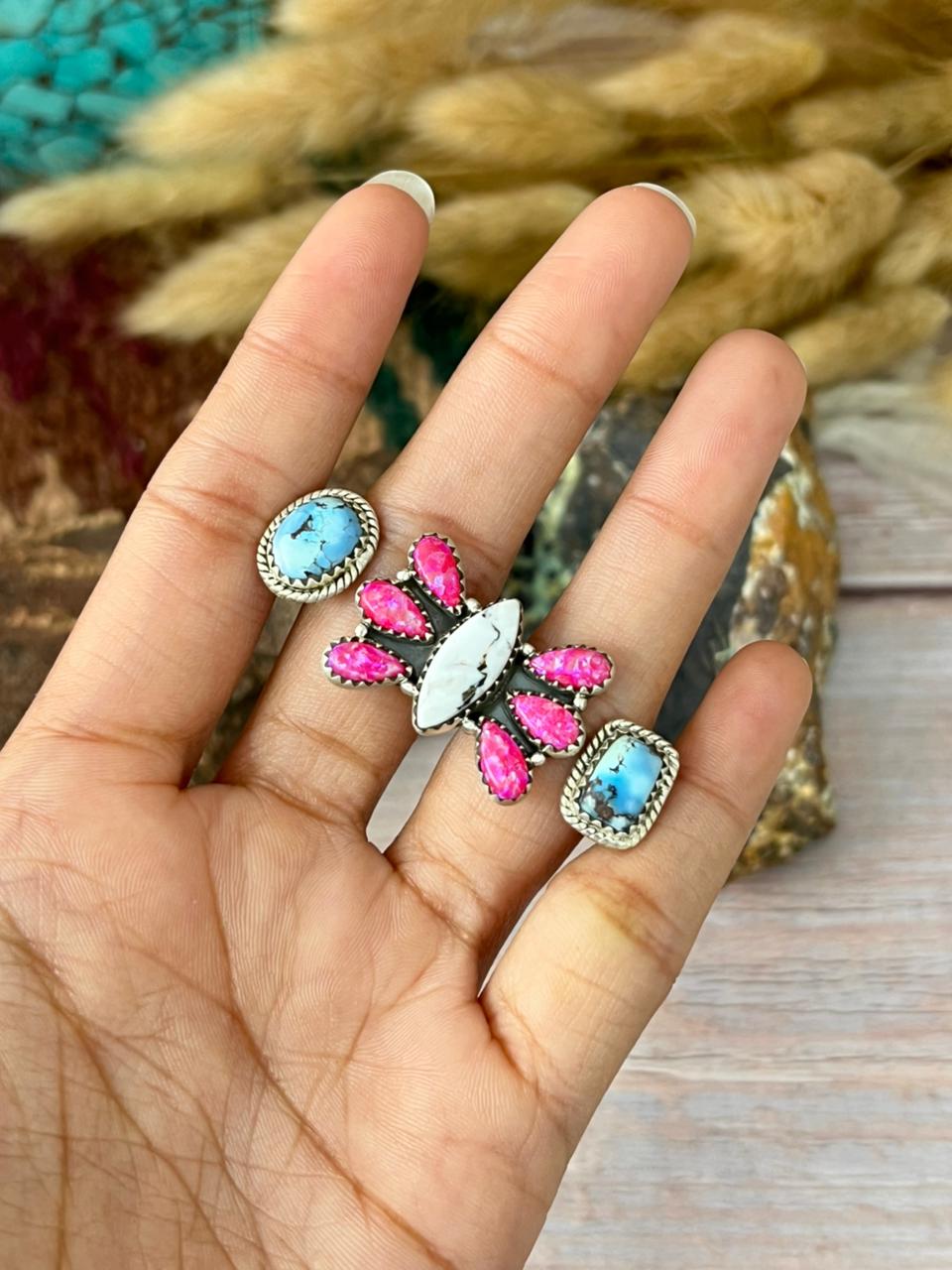 Handmade Sterling Silver Hot Pink with White Buffalo and Golden Hills Turquoise Adjustable Ring "Signed Nizhoni"