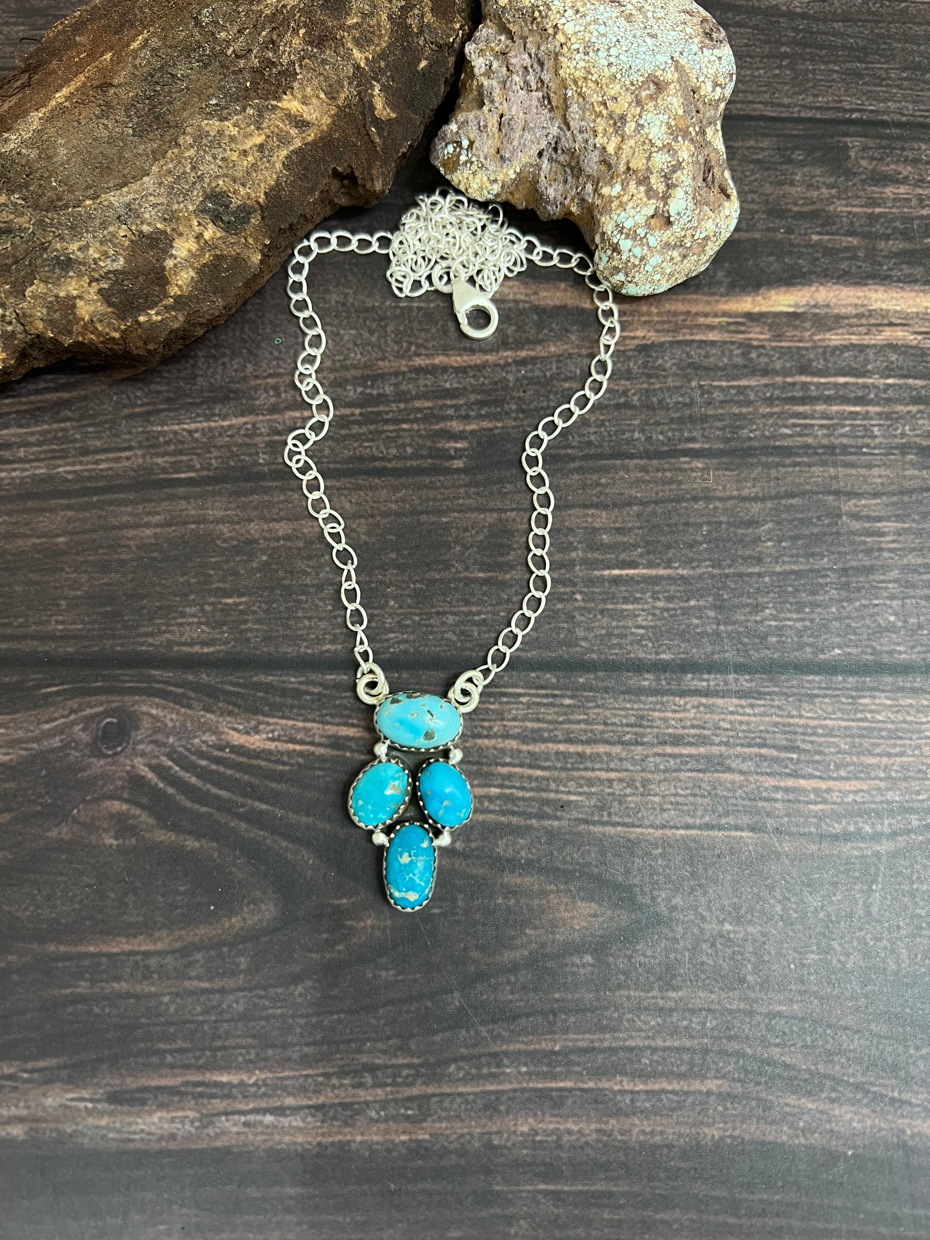 Handmade Sterling Silver Blue Bird Turquoise Necklace with Signed Nizhoni