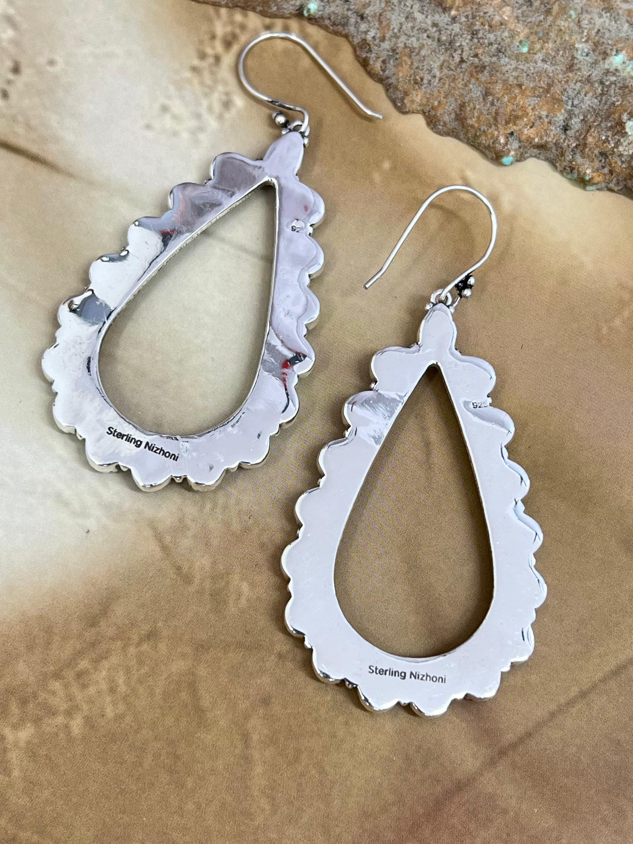 Handmade Sterling Silver Kingman Turquoise Hoop Post Earrings with Signed Nizhoni