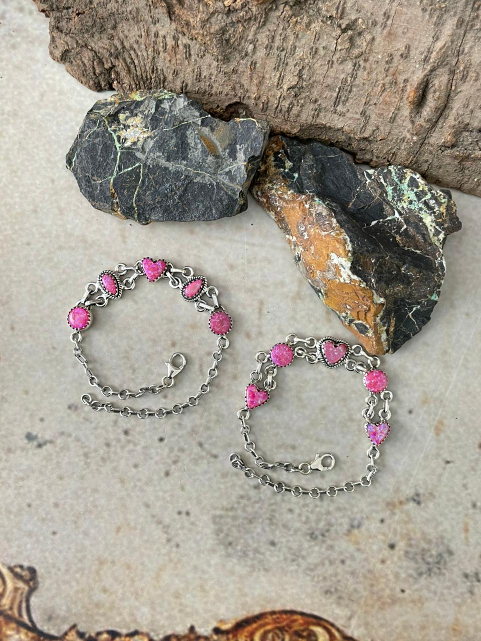 "Heart Collection" Handmade Sterling Silver Hot Pink Chain Bracelet "Signed Nizhoni"