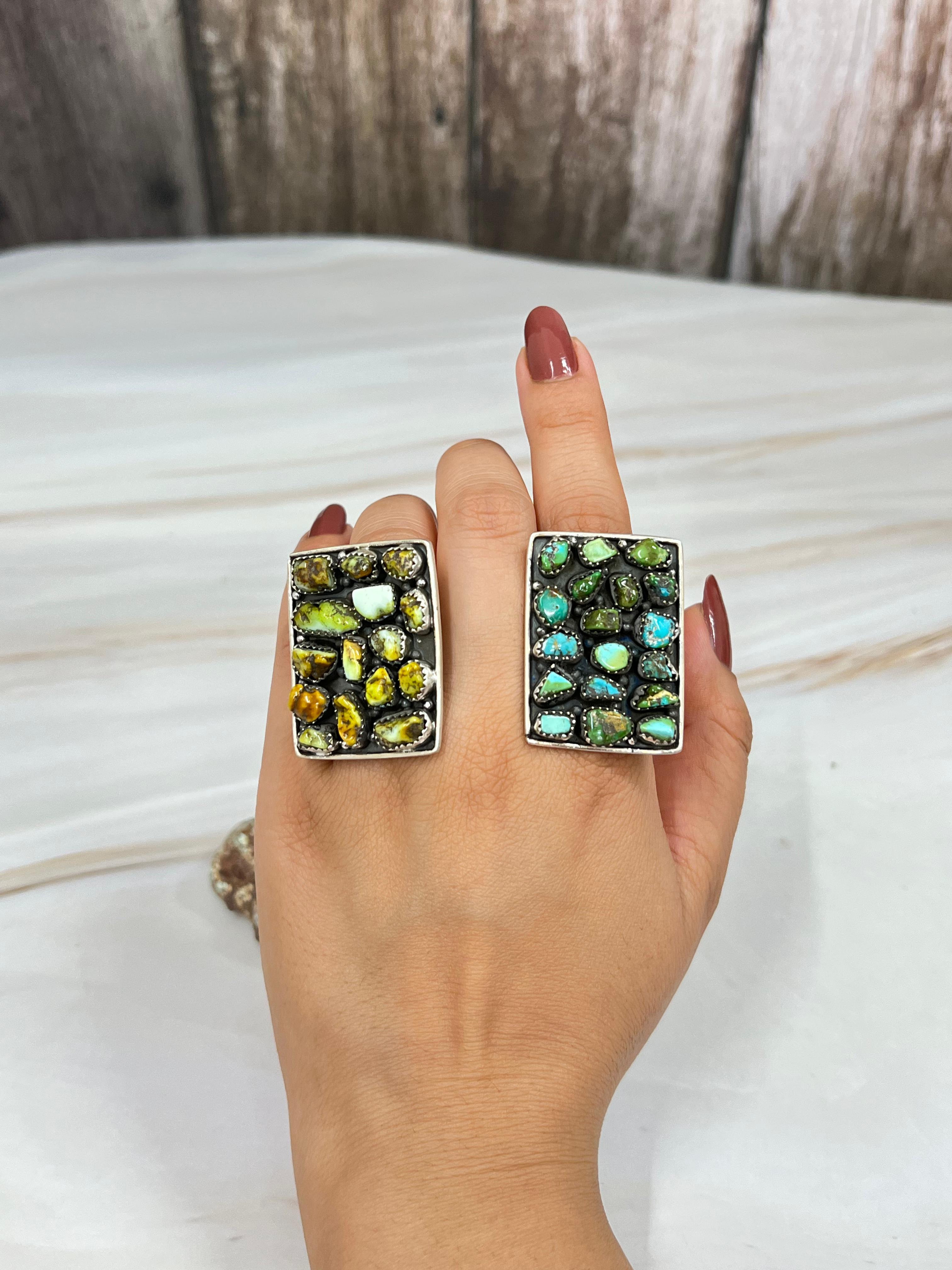 Handmade Sterling Silver Palomino, Sonoran Mountain Turquoise Adjustable Ring with Signed Nizhoni