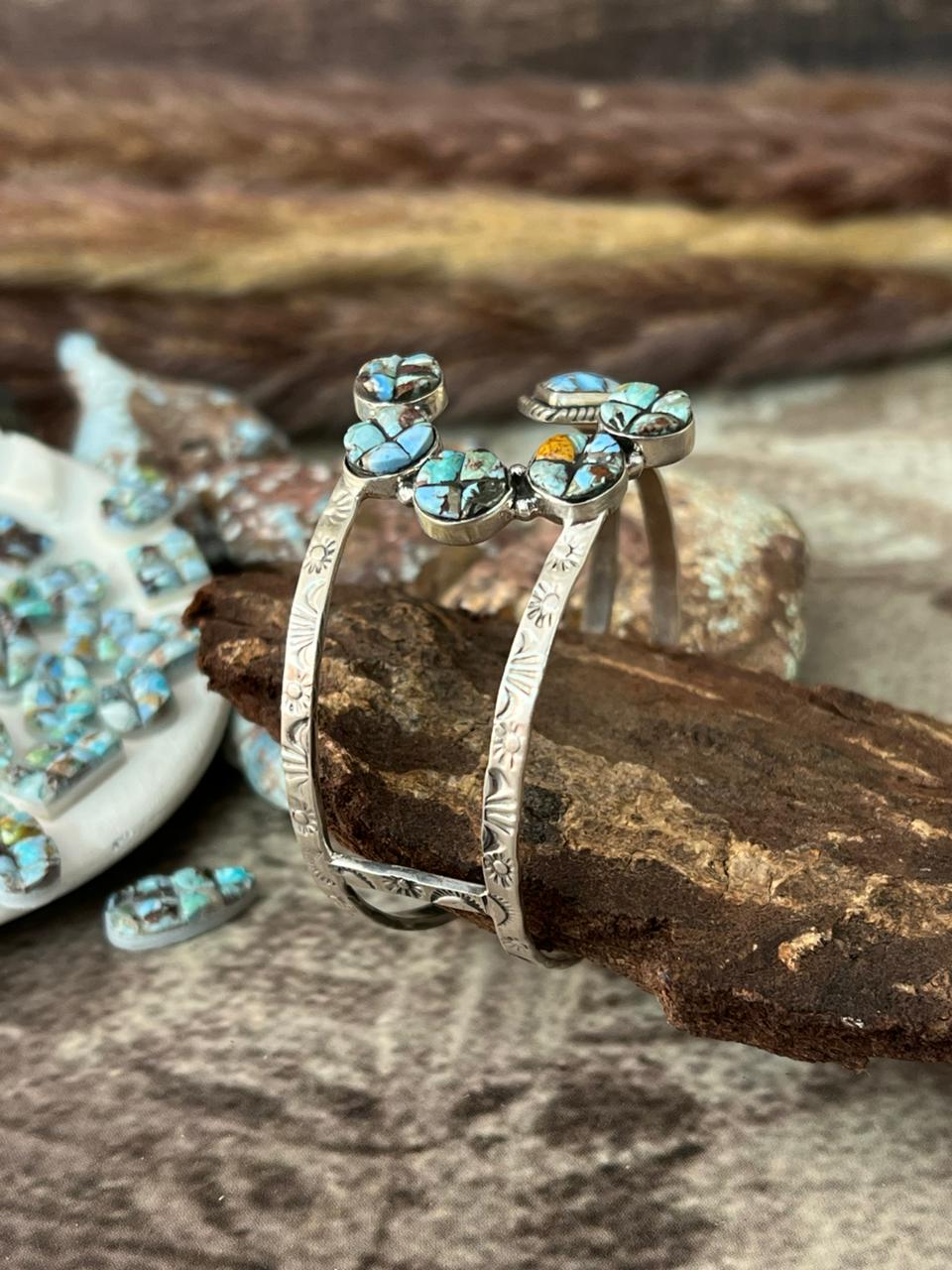 Handmade Sterling Silver Golden Hills Turquoise Cobble Collection Bracelet "Signed Nizhoni"
