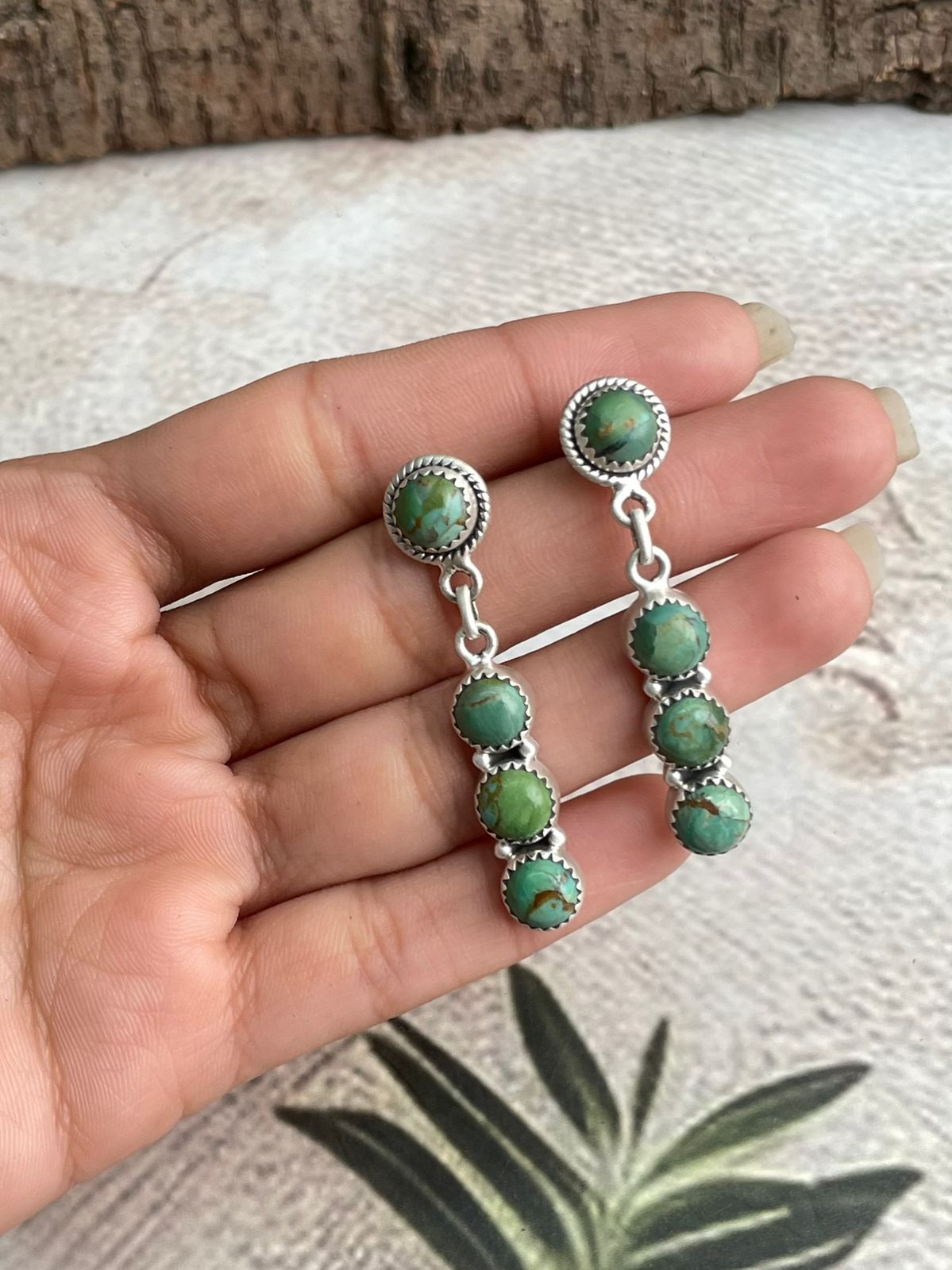 Handmade Sterling Silver Kingman Turquoise Post Dangle Earrings "Signed Nizhoni"