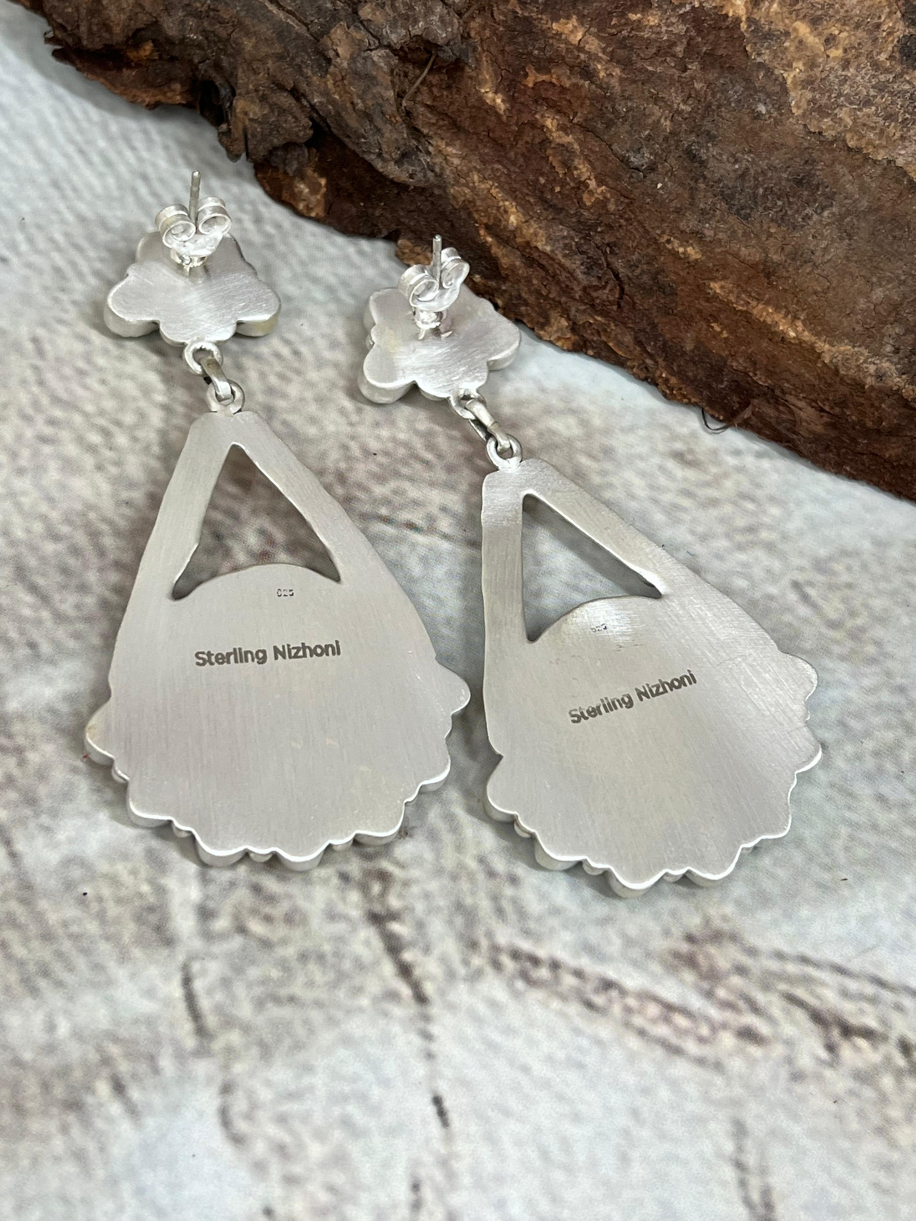 Handmade Sterling Silver Kingman Turquoise Post Dangle Earrings with Signed Nizhoni