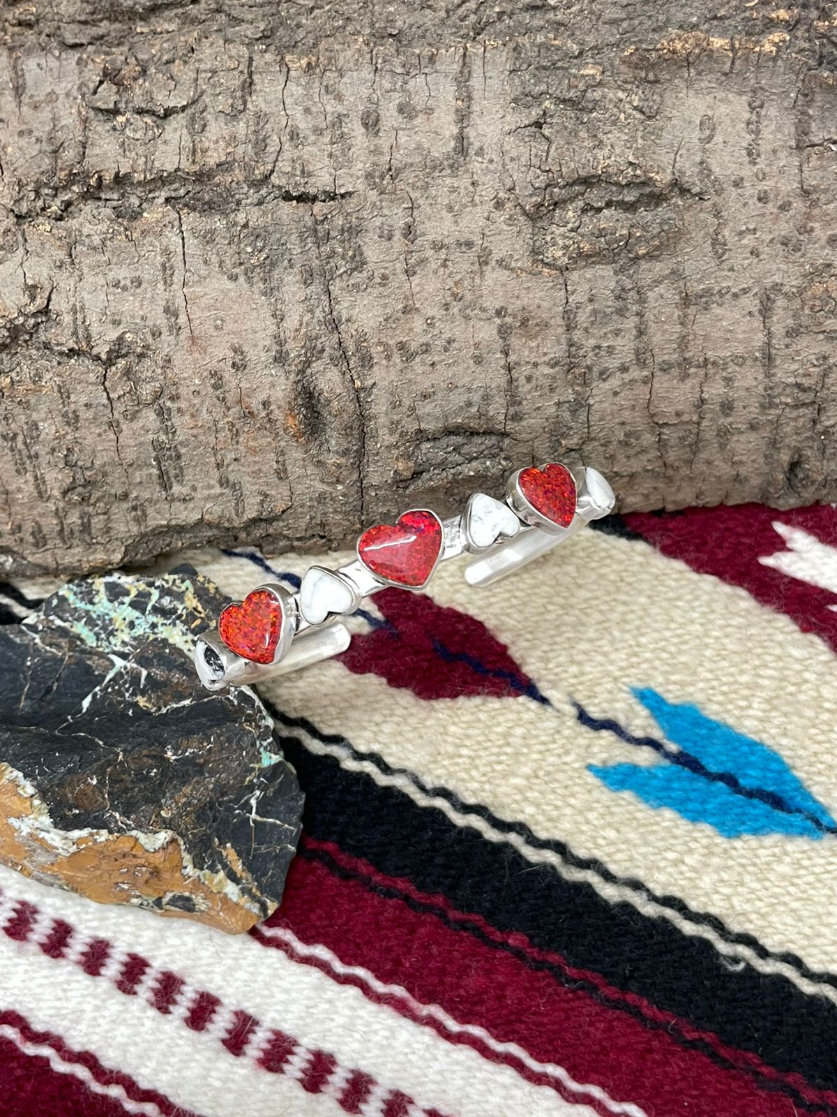 "Christmas Collection" Handmade Sterling Silver White Buffalo With Red Opal Heart Cuff Bracelet "Signed Nizhoni"