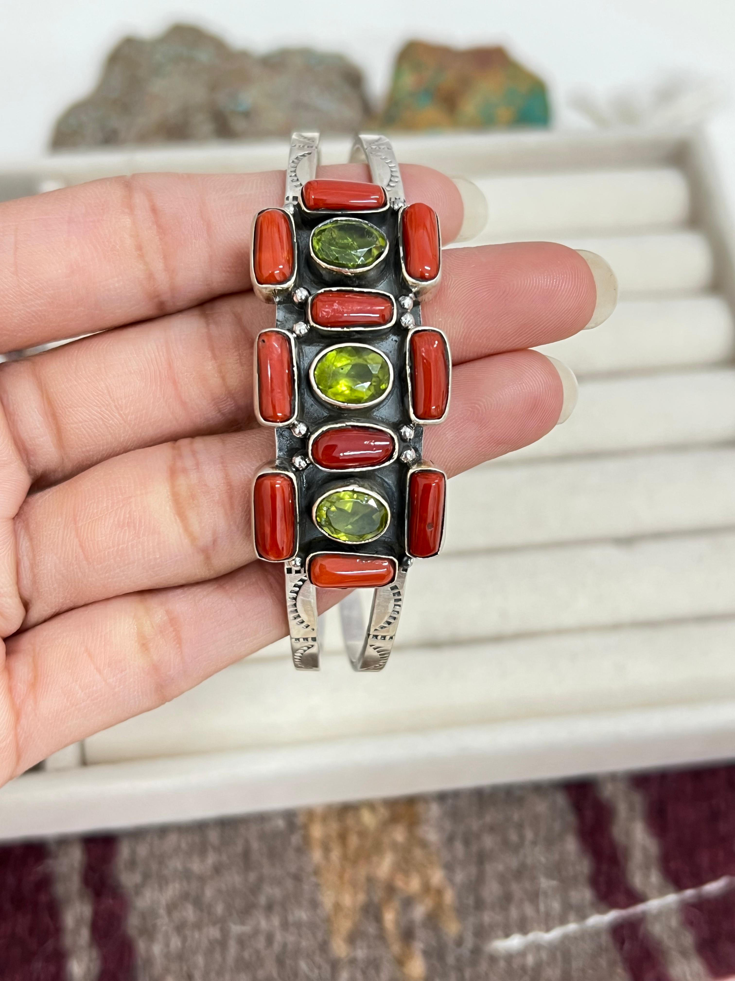 Christmas Collection Handmade Sterling Silver Coral with Peridot Bracelet with Signed Nizhoni