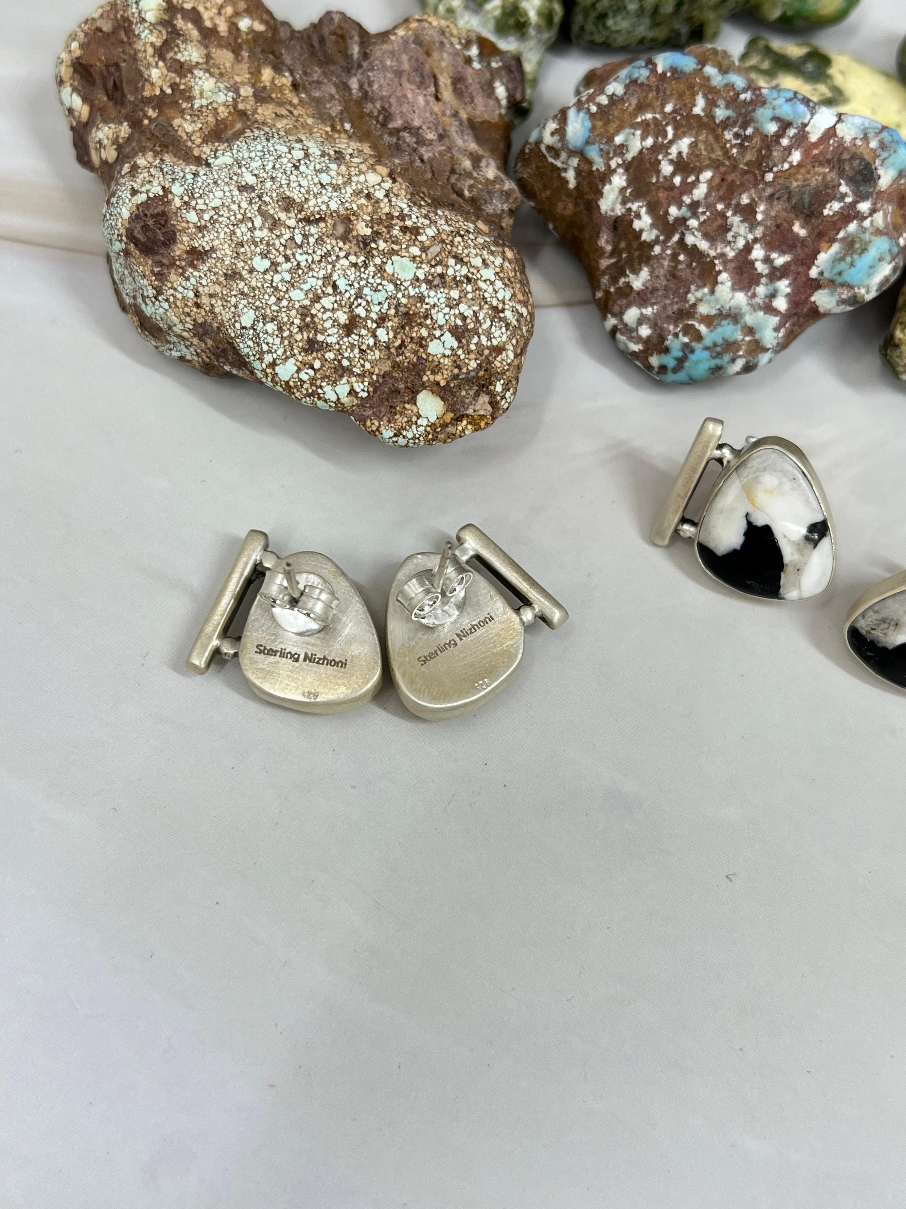 Handmade Sterling Silver Honey Dahlia, White Buffalo Turquoise Earrings with Signed Nizhoni