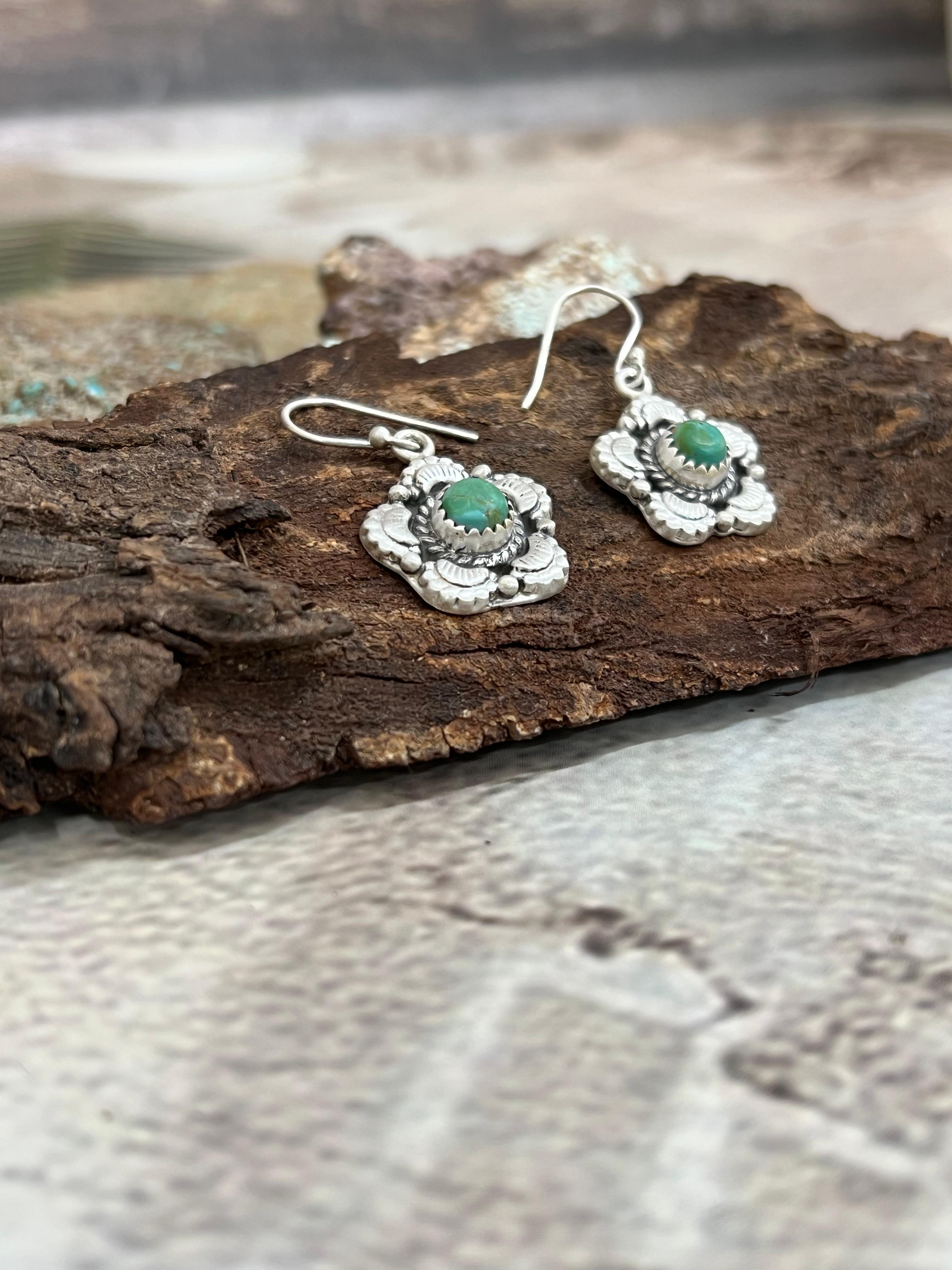 Handmade Sterling Silver Kingman Turquoise Hook Earrings with Signed Nizhoni