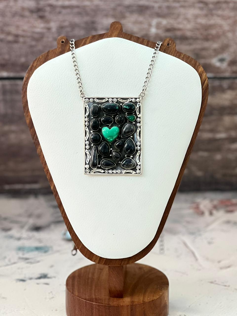 Handmade Sterling Silver Emerald Rose Necklace "Signed Nizhoni"
