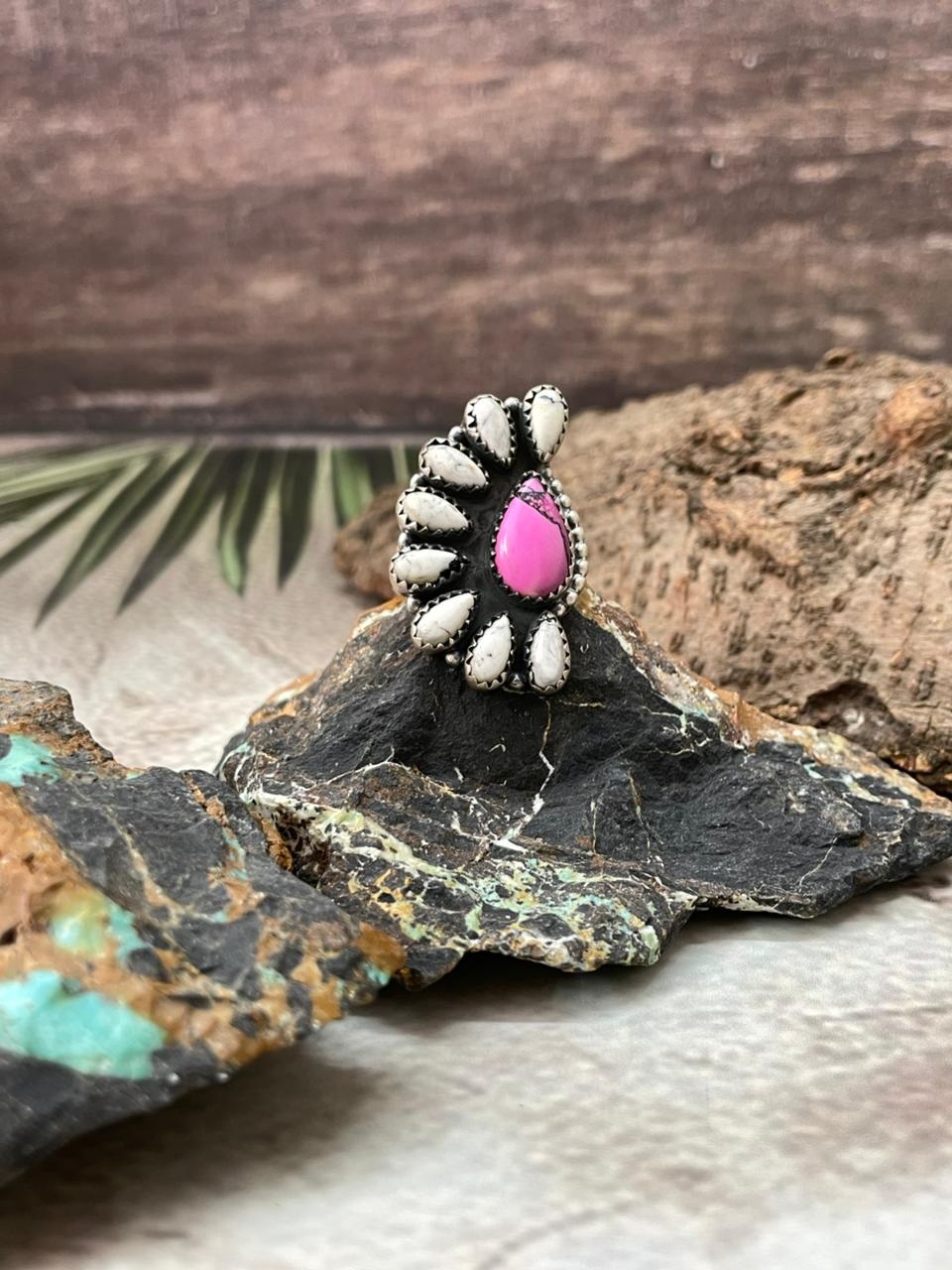 Handmade Sterling Silver White Buffalo with Cherry Blossom Adjustable Ring "Signed Nizhoni"