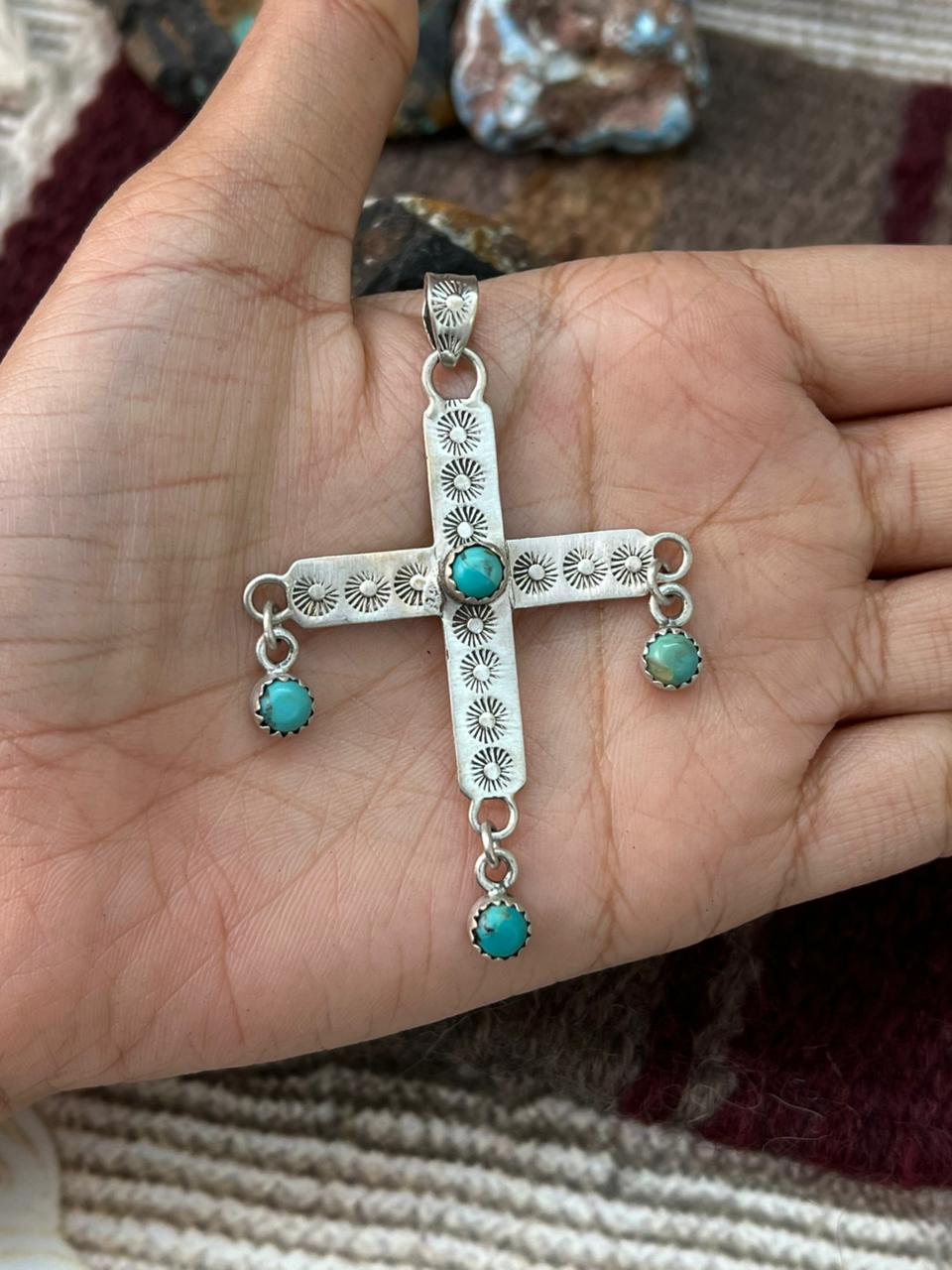 Handmade Sterling Silver Kingman Turquoise Cross Pendant "Signed Nizhoni"
