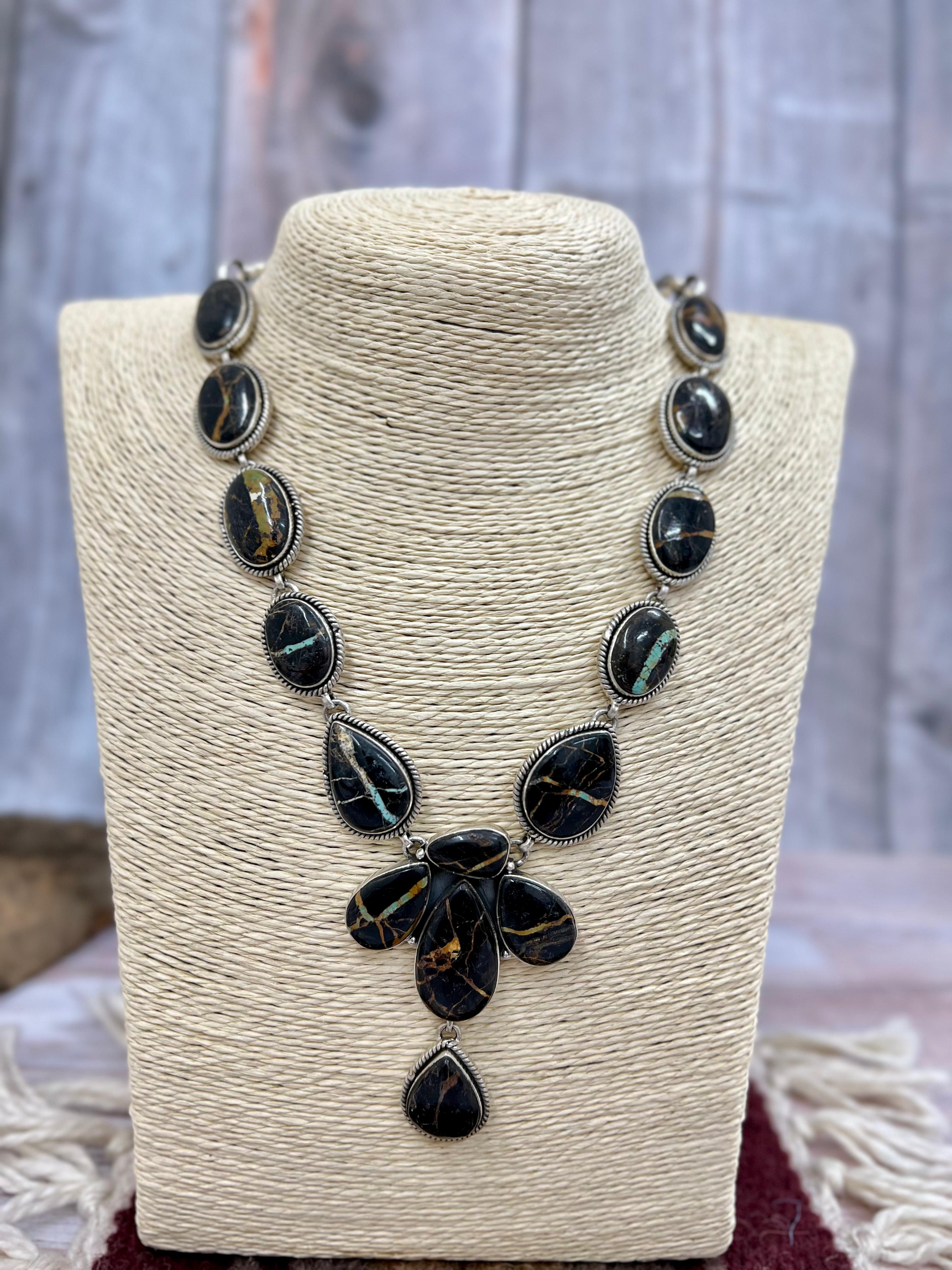 Handmade Sterling Silver Black Jack Necklace with Signed Nizhoni