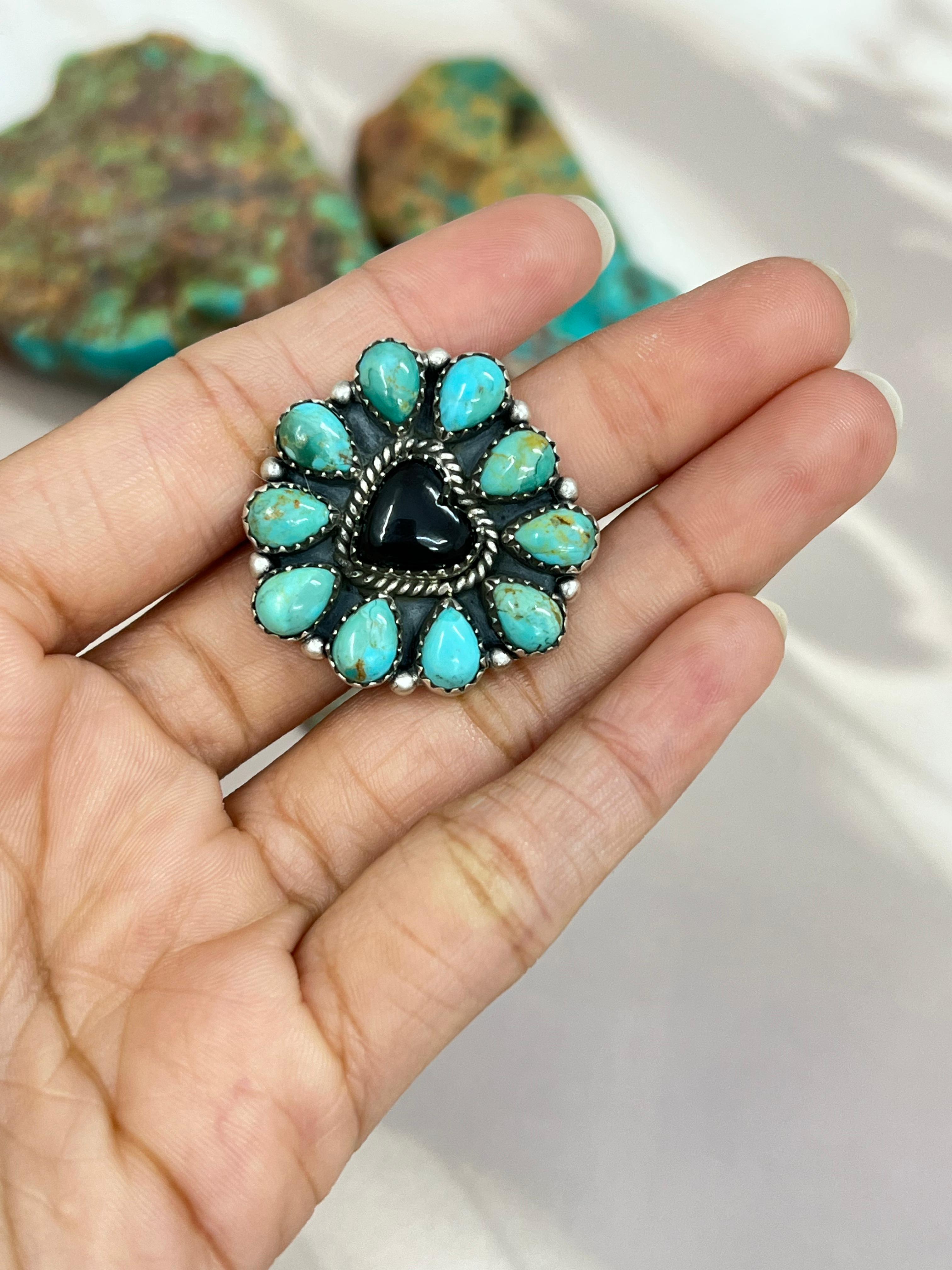 Handmade Sterling Silver Kingman Turquoise, Black Onyx Adjustable Heart Ring with Signed Nizhoni