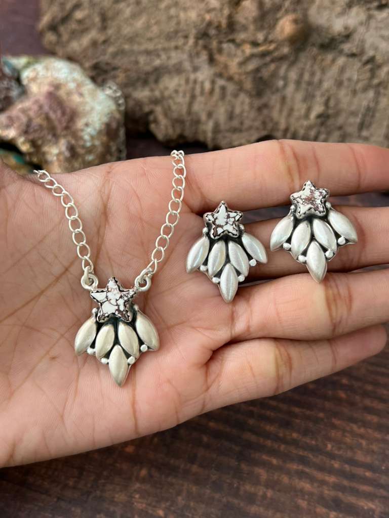 Handmade Sterling Silver Wildhorse Necklace Earrings Set "Signed Nizhoni"