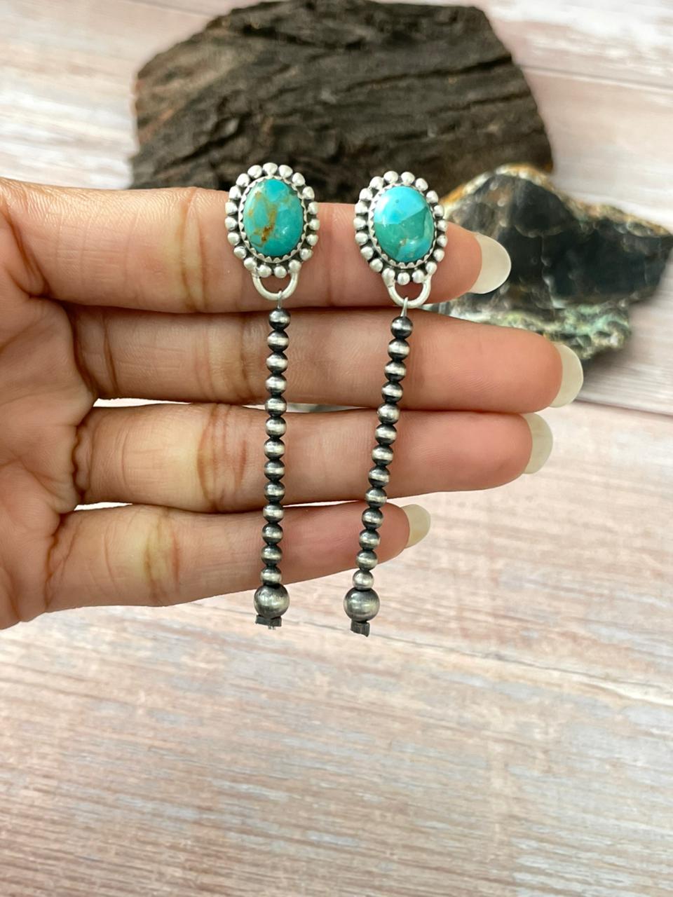 Handmade Sterling Silver Kingman Turquoise Post Beaded Earrings "Signed Nizhoni"