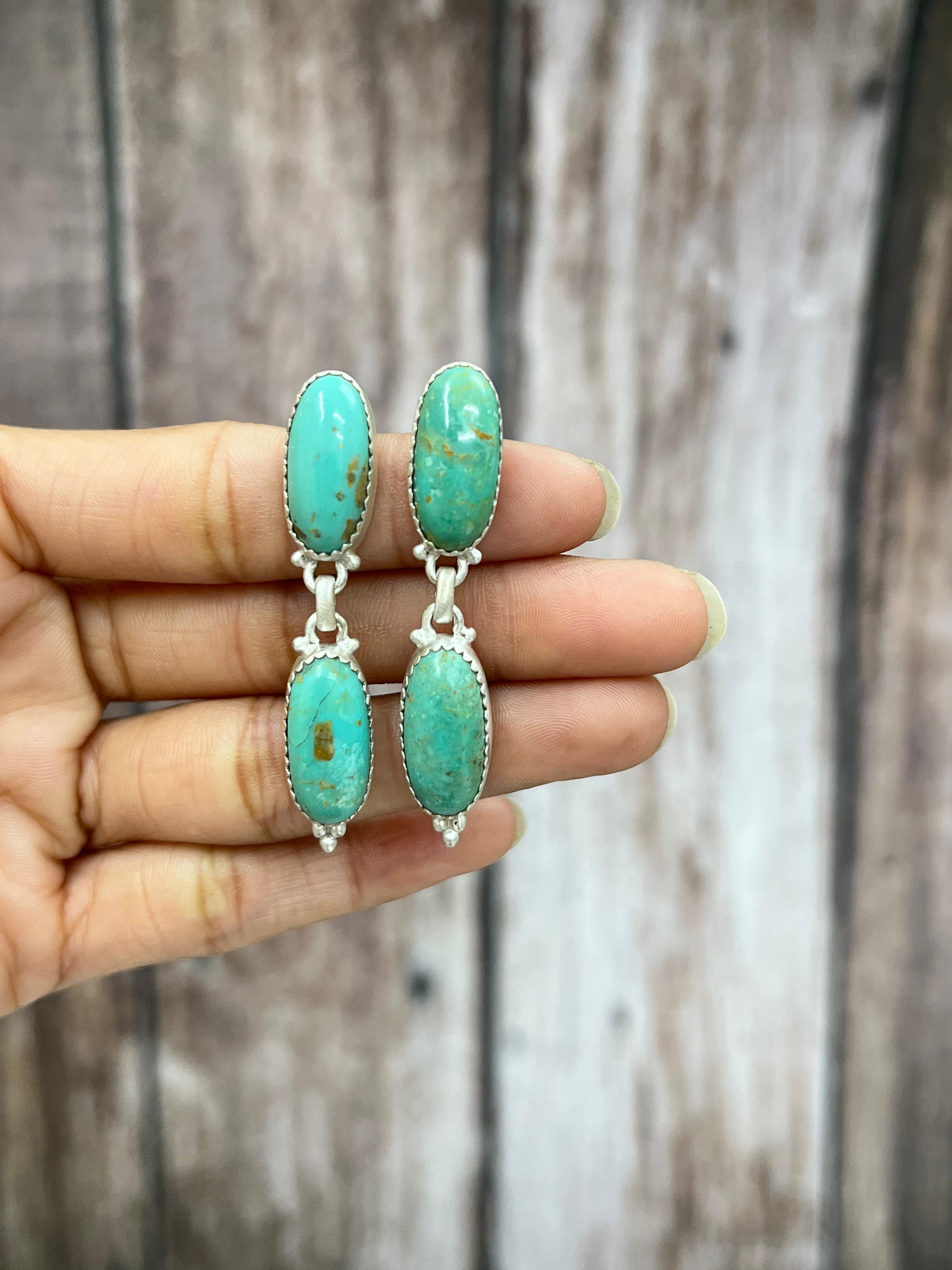 Handmade Sterling Silver Royston Turquoise Dangle Earrings with Signed Nizhoni