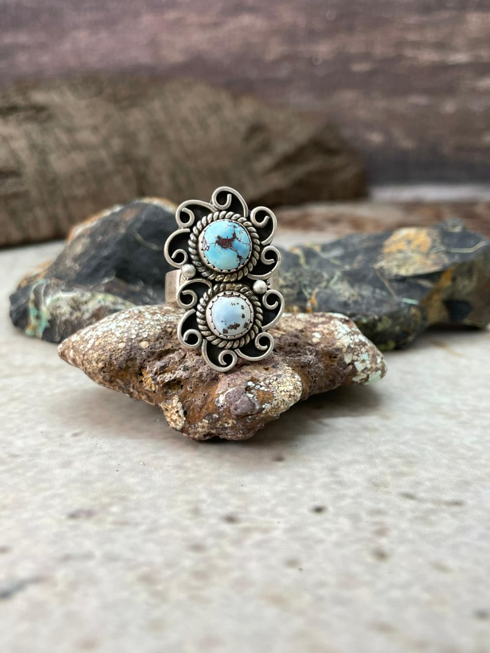 Handmade Sterling Silver Golden Hills Turquoise Adjustable Ring "Signed Nizhoni"