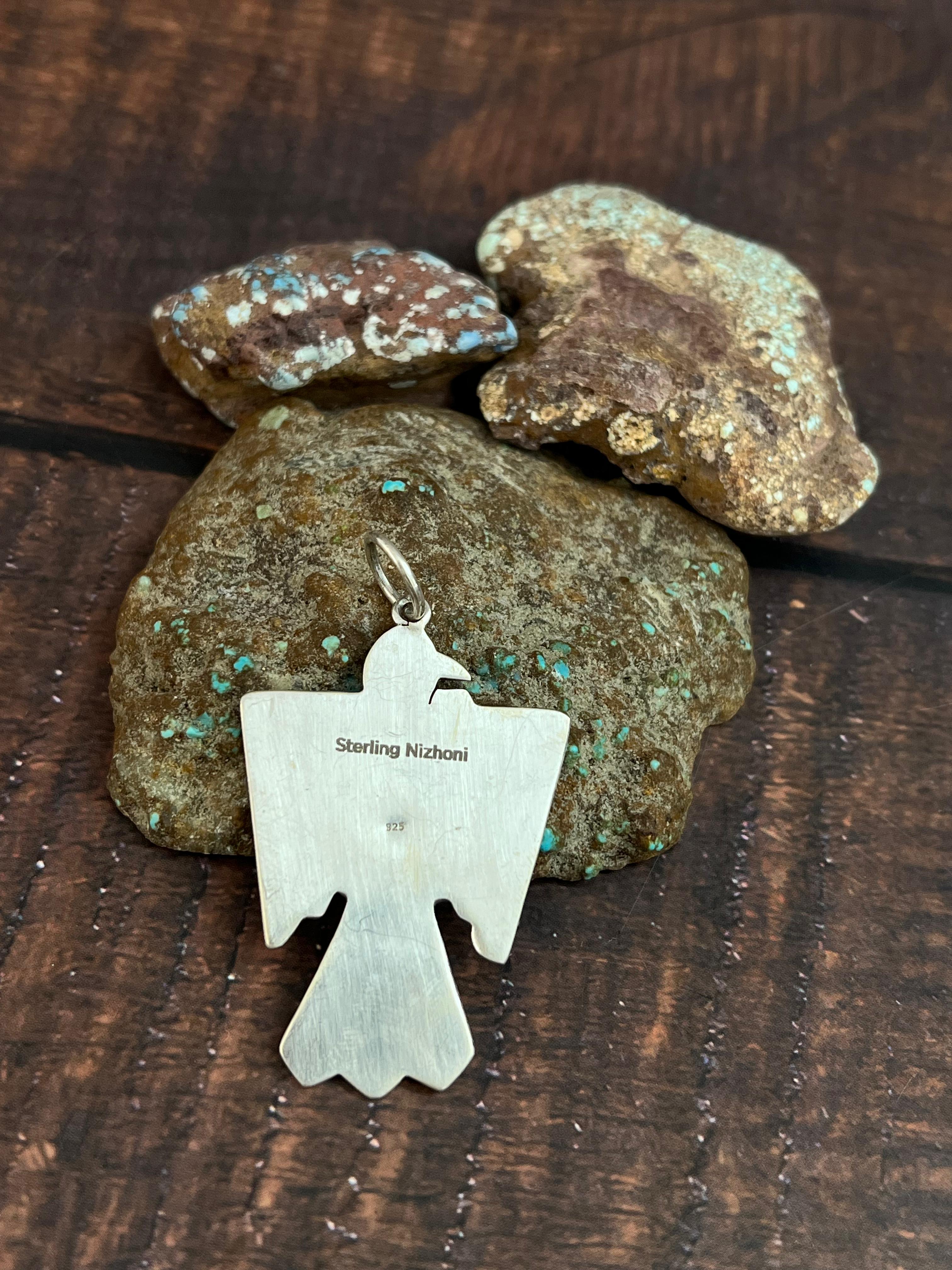 Handmade Sterling Silver Kingman Turquoise Thunder Bird Pendant with Signed Nizhoni