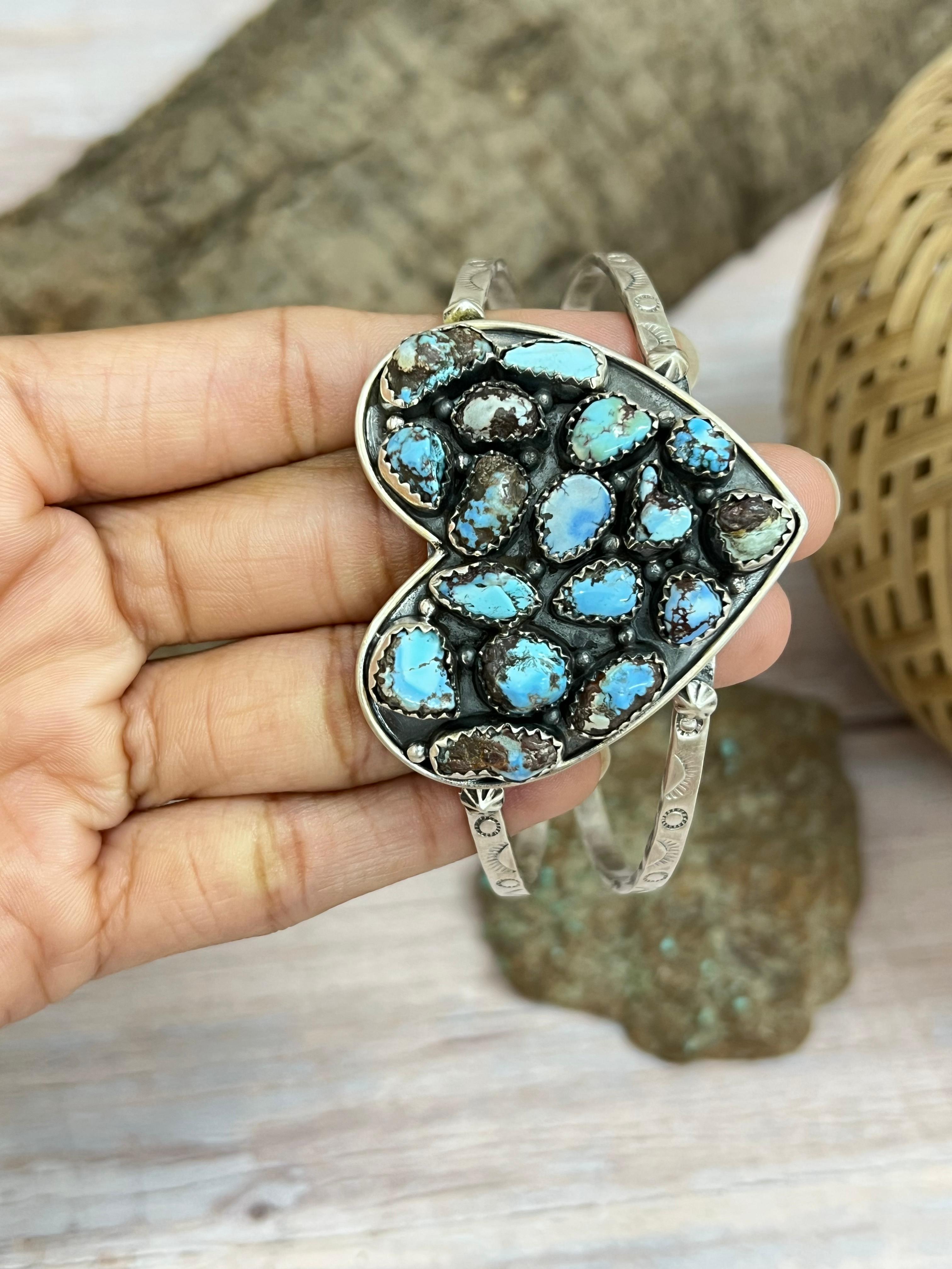 Handmade Sterling Silver Golden Hill, Sonoran Mountain Turquoise Heart Bracelet with Signed Nizhoni /