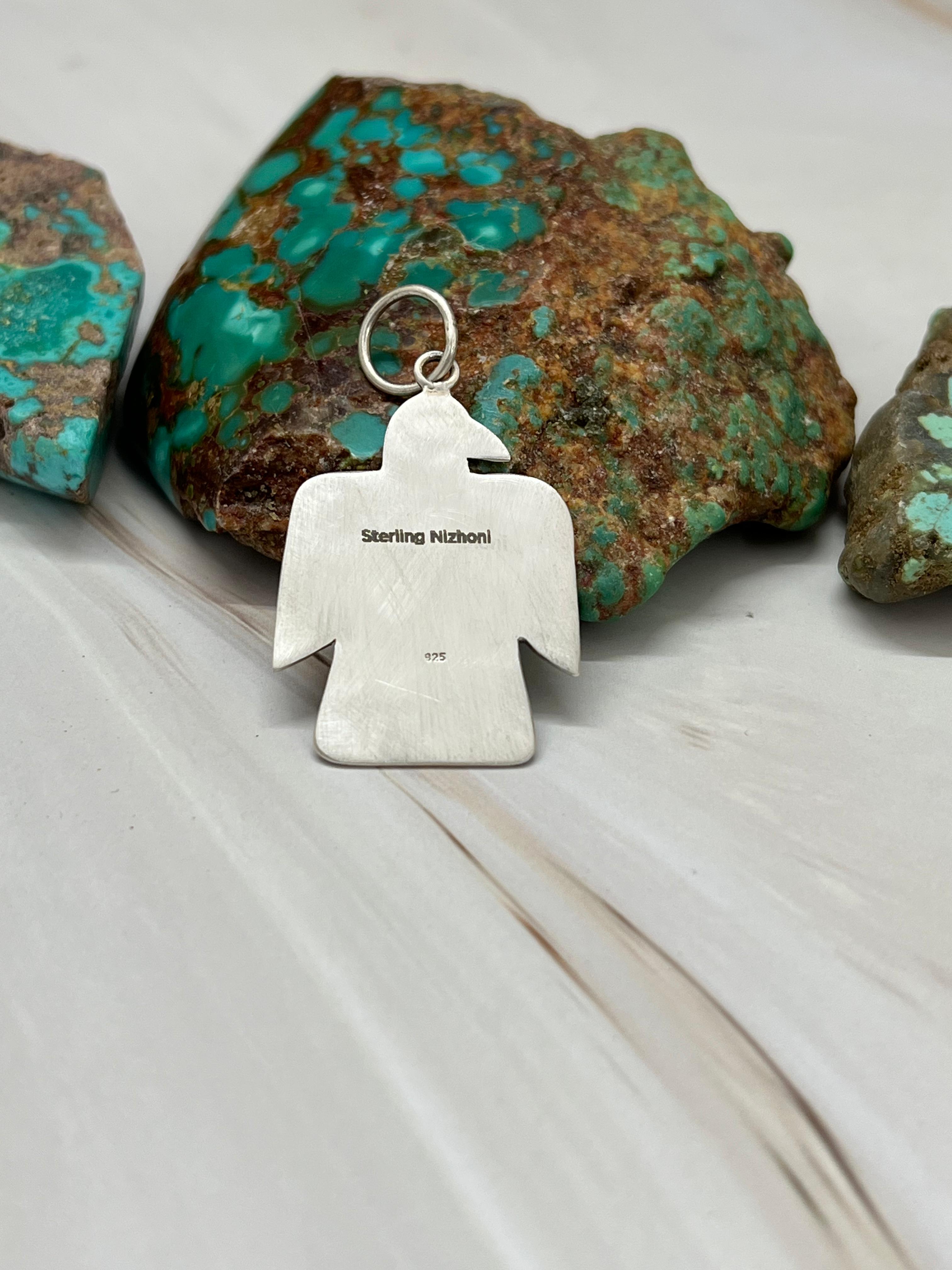 Handmade Sterling Silver Thunder Bird Kingman Turquoise Charms with Signed Nizhoni