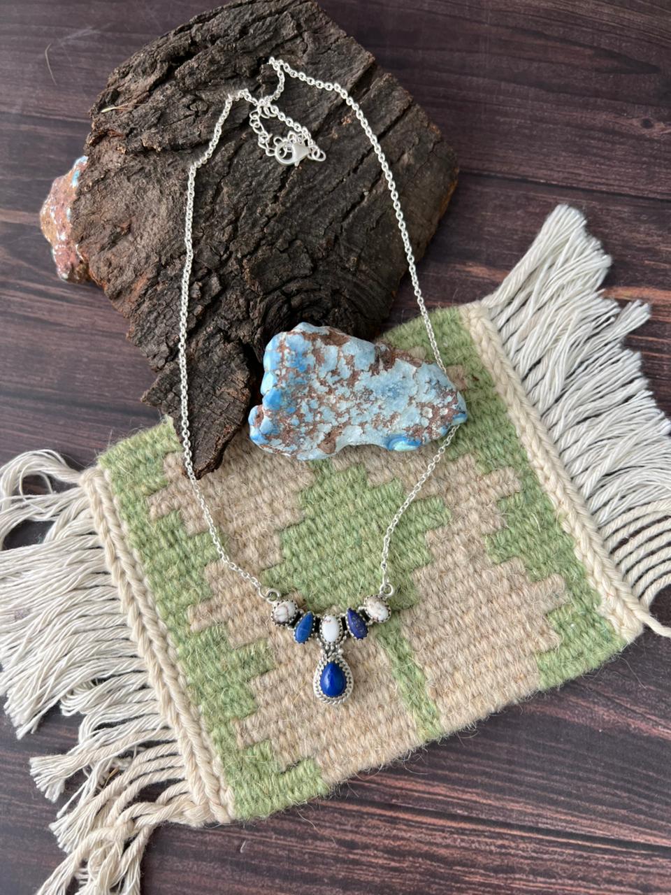 Handmade Sterling Silver Lapis with Wildhorse Magnesite Necklace "Signed Nizhoni"