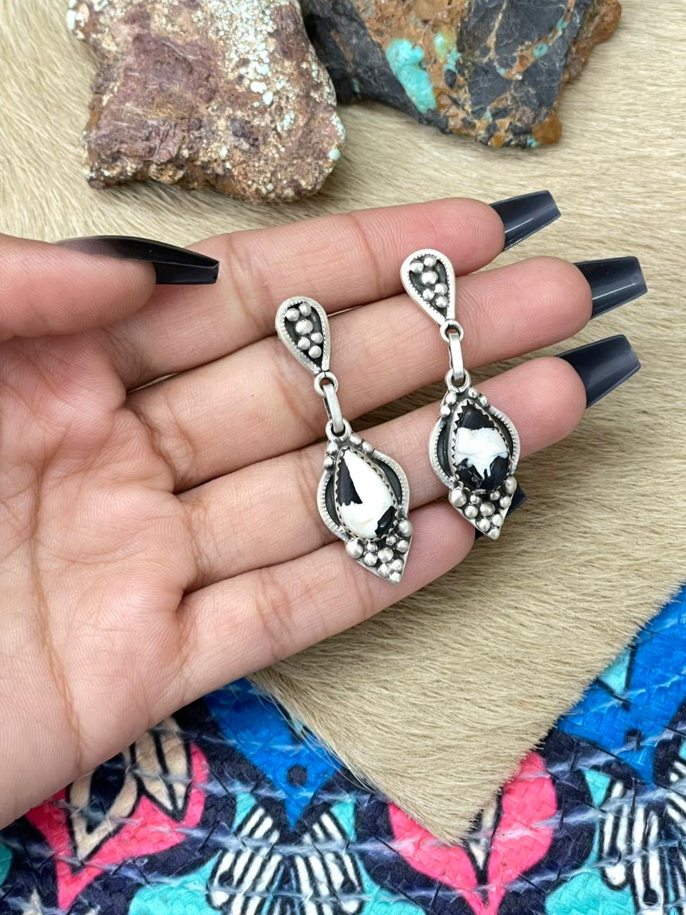 Handmade Sterling Silver White Buffalo Post Dangle Earrings "Signed Nizhoni"