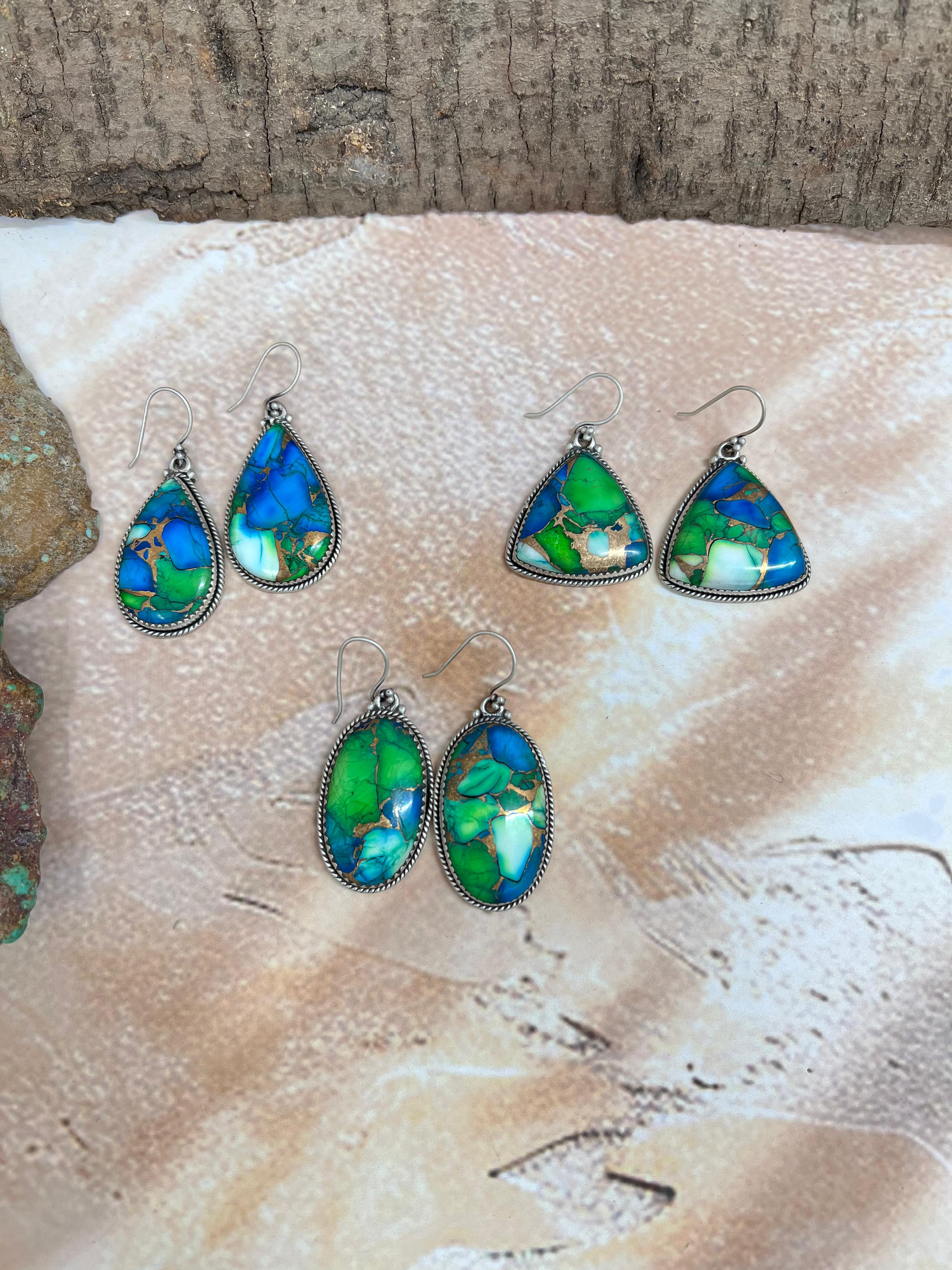 Handmade Sterling Silver Peacock Dahlia Hook Earrings with Signed Nizhoni