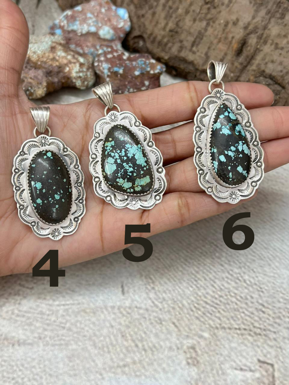 Handmade Sterling Silver Lander Turquoise Pendant with Signed Nizhoni