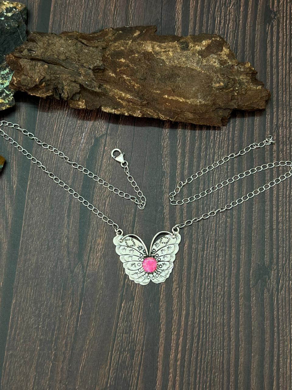 Handmade Sterling Silver Hot Pink Butterfly Necklace "Signed Nizhoni" (9)