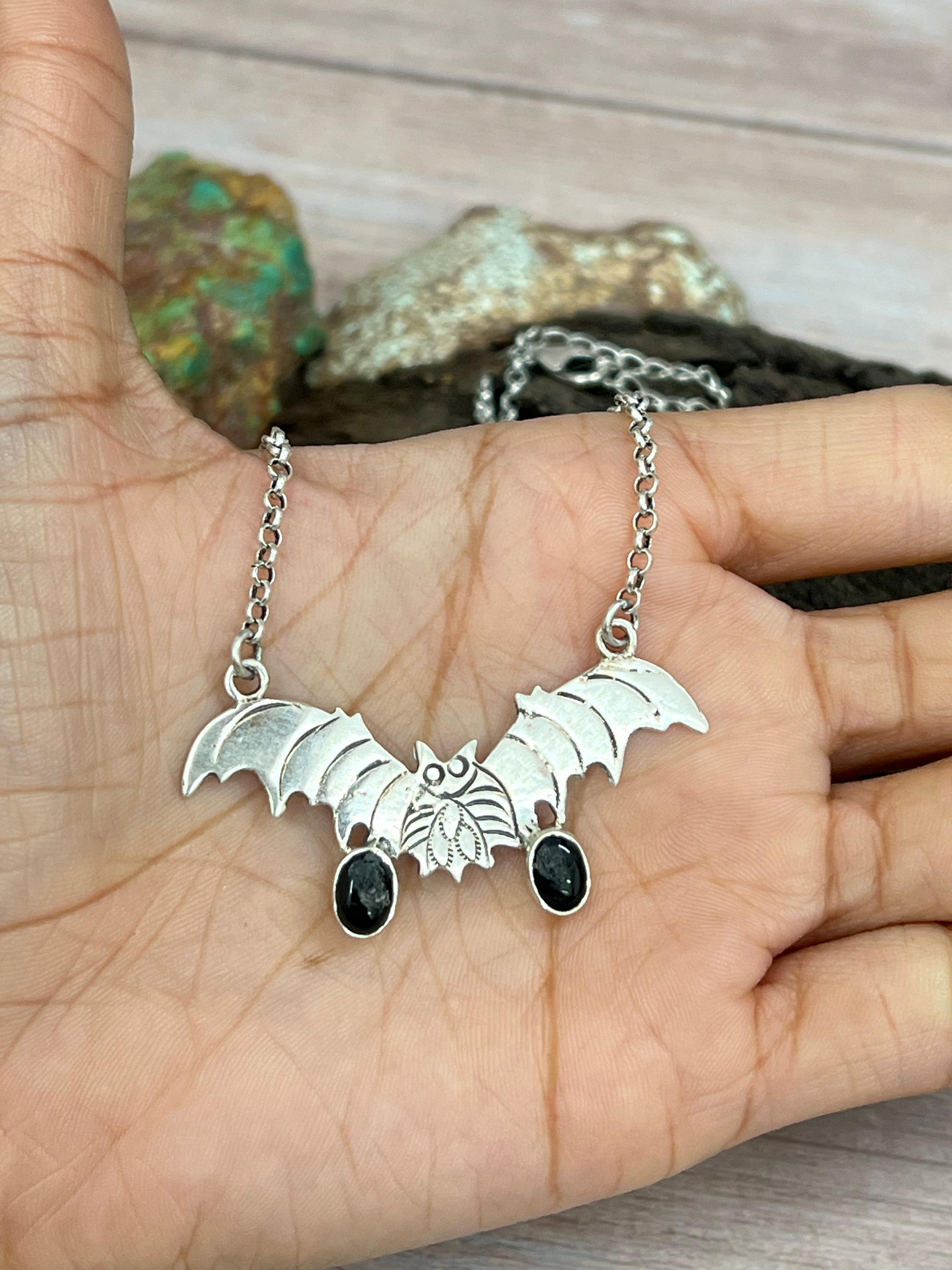 "Halloween Collection" Handmade Sterling Silver Black Onyx Bat Necklace with Signed Nizhoni