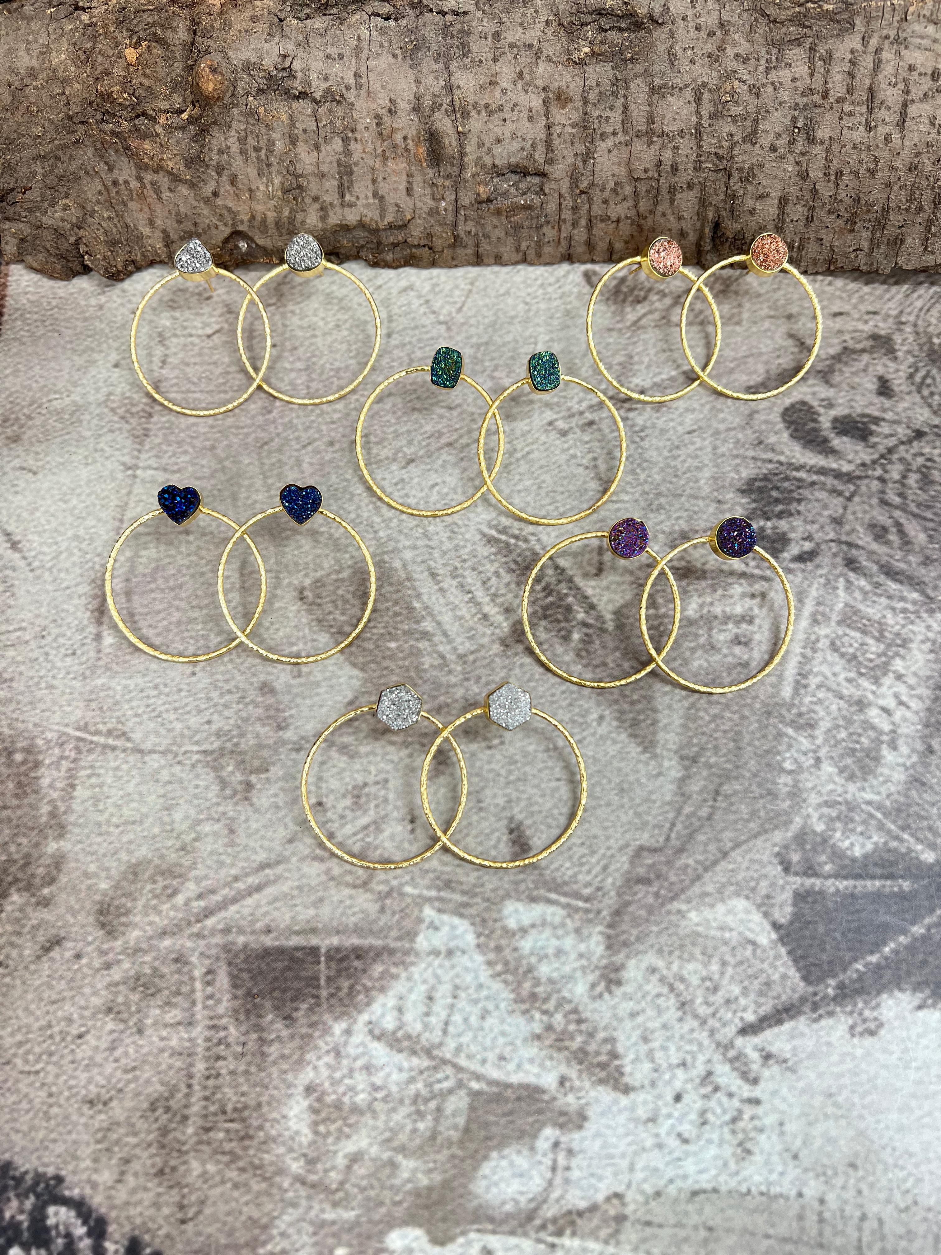 “The Boho Collection” Handmade Natural Druzy Hoop Earrings 5 Styles