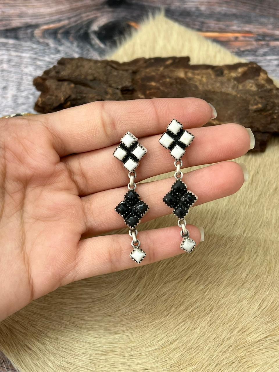 Handmade Sterling Silver White Buffalo Post Dangle Earrings "Signed Nizhoni" (8)