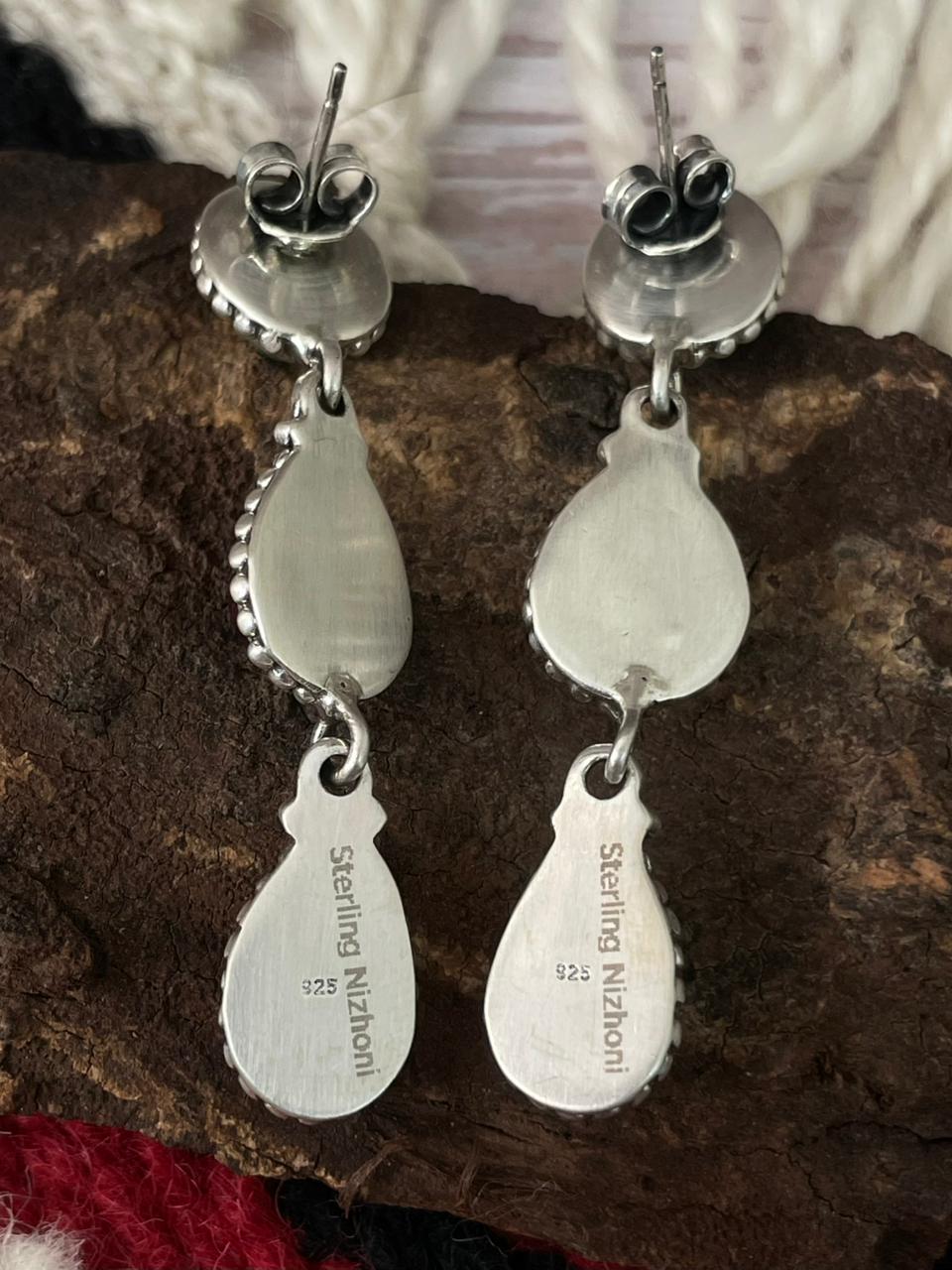 Handmade Sterling Silver Dahlia Rose with Emerald Valley Turquoise Post Earrings "Signed Nizhoni"