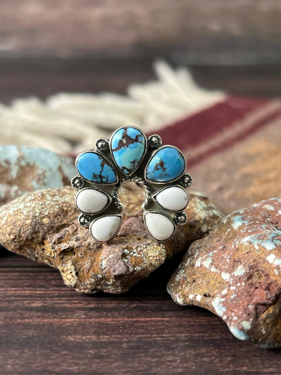 Handmade Sterling Silver Golden Hills with White Collection Adjustable Ring "Signed Nizhoni"