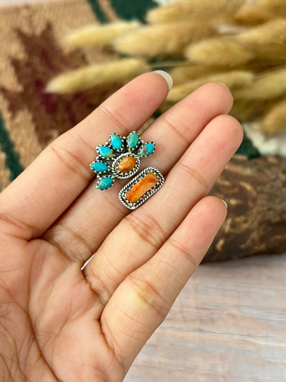 Handmade Sterling Silver Kingman Turquoise with Orange Mojave Adjustable Ring "Signed Nizhoni"