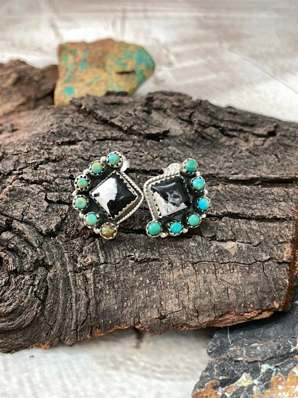 Handmade Sterling Silver White Buffalo with Kingman Turquoise Studs Post Earrings "Signed Nizhoni"