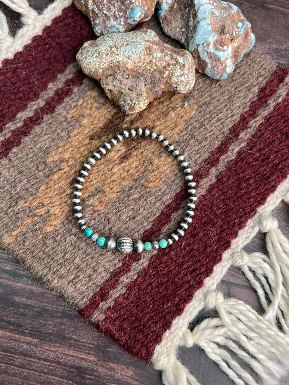 Handmade Sterling Silver Beaded Kingman Turquoise Bracelet