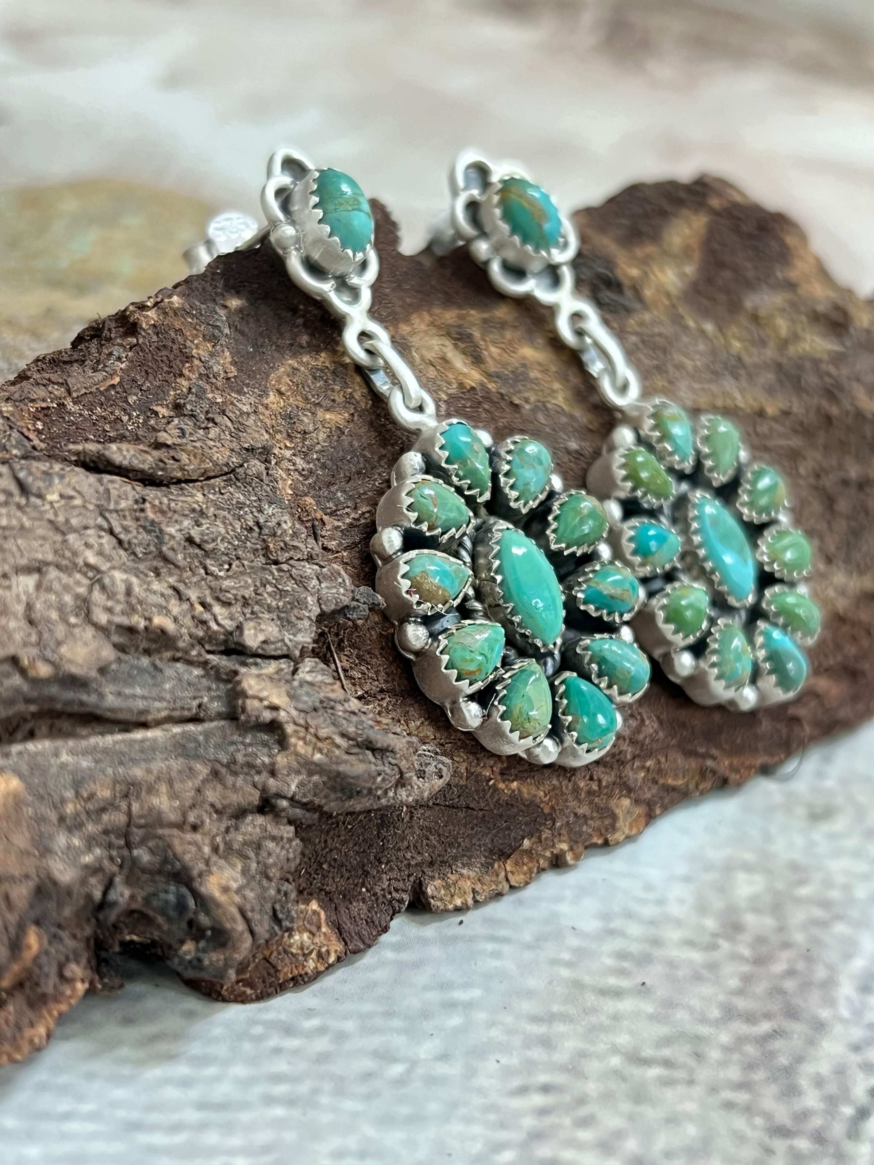 Handmade Sterling Silver Kingman Turquoise Post Dangle Earrings with Signed Nizhoni