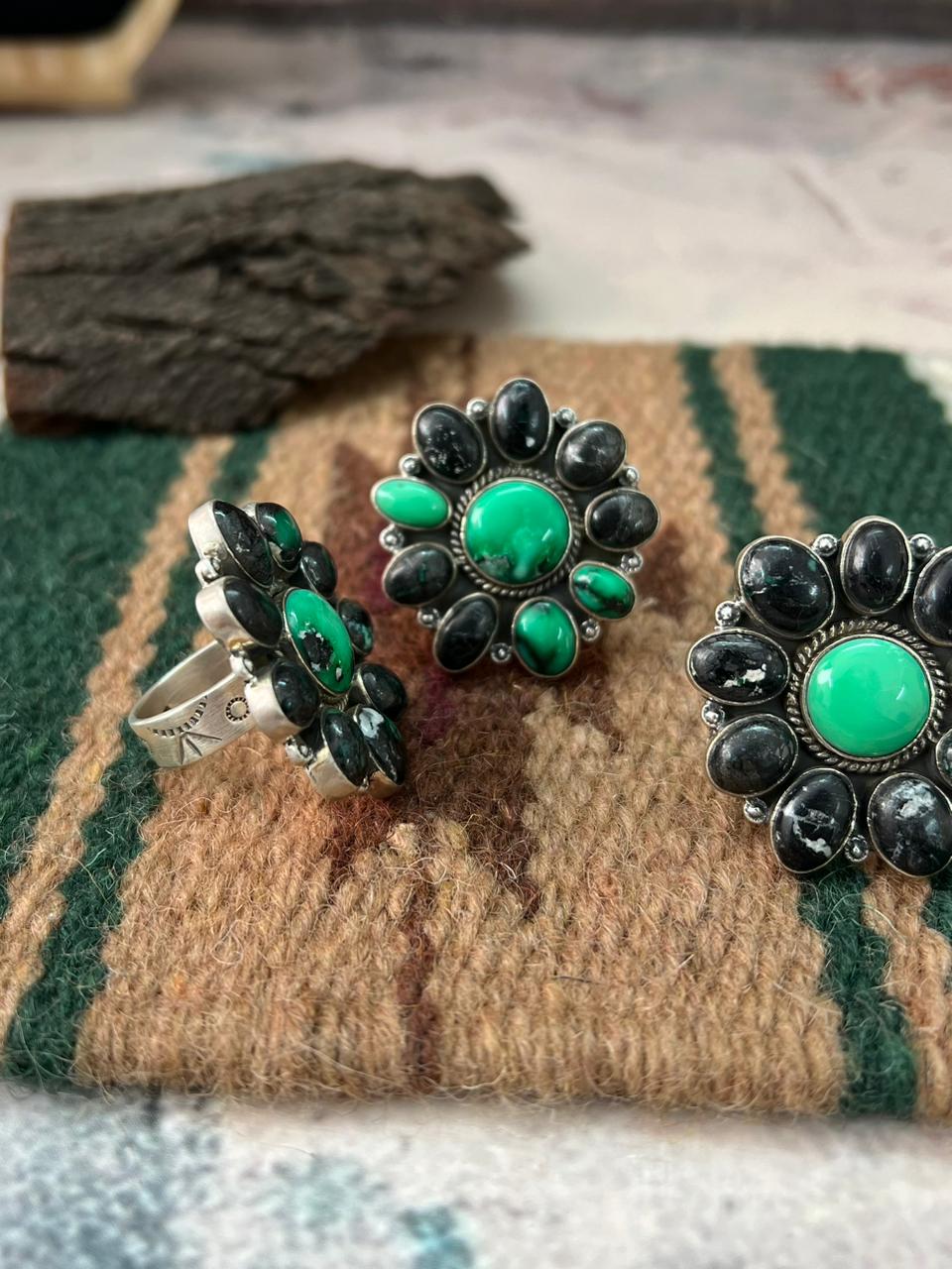 Handmade Sterling Silver Emerald Rose Adjustable Ring "Signed Nizhoni"