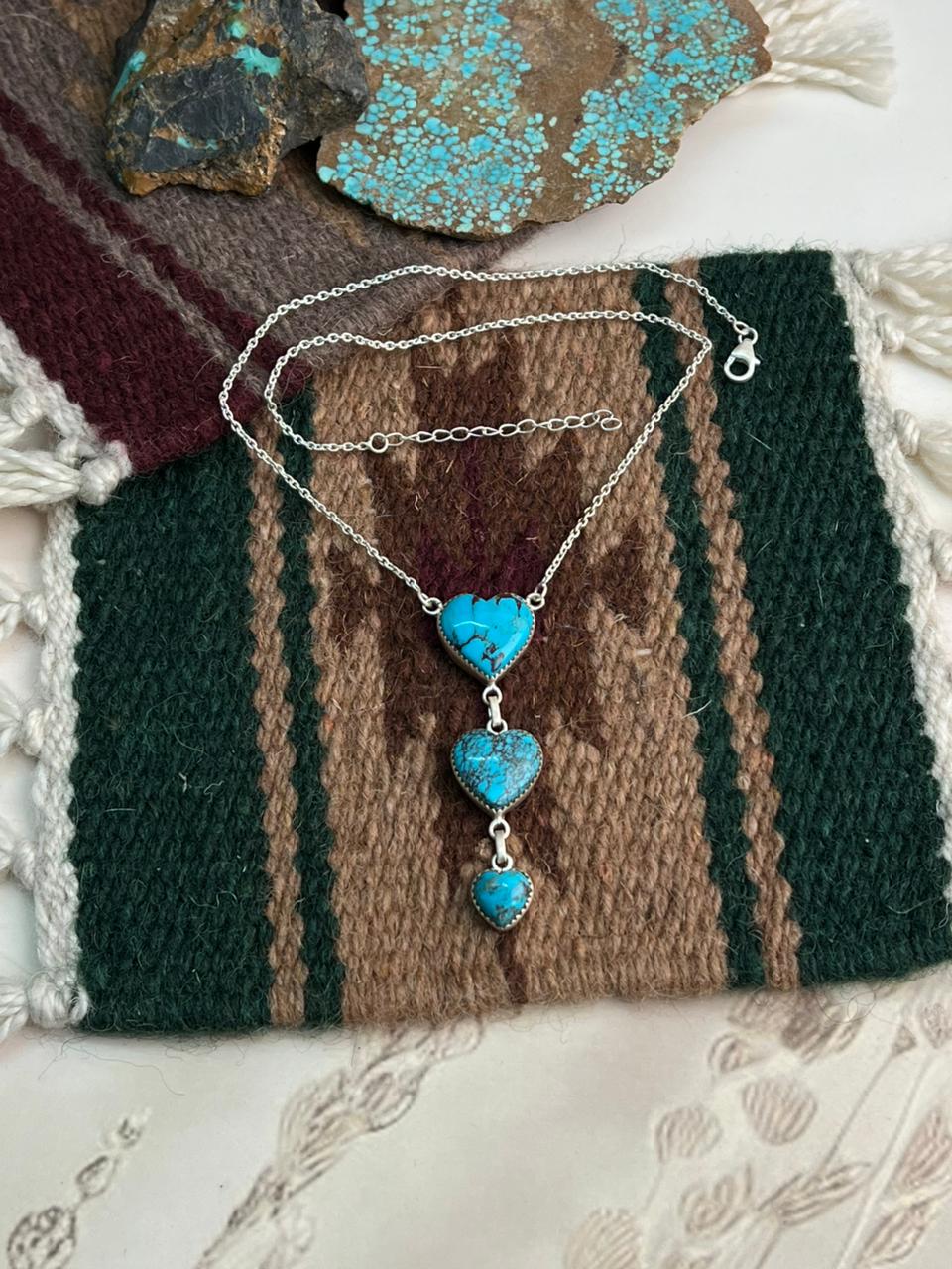 Handmade Sterling Silver Blue Matrix Heart Drop Necklace "Signed Nizhoni"