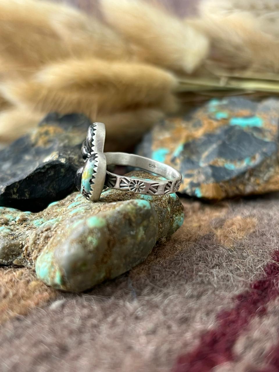 Handmade Sterling Silver Blackjack Turquoise Adjusatble Ring "Signed Nizhoni"