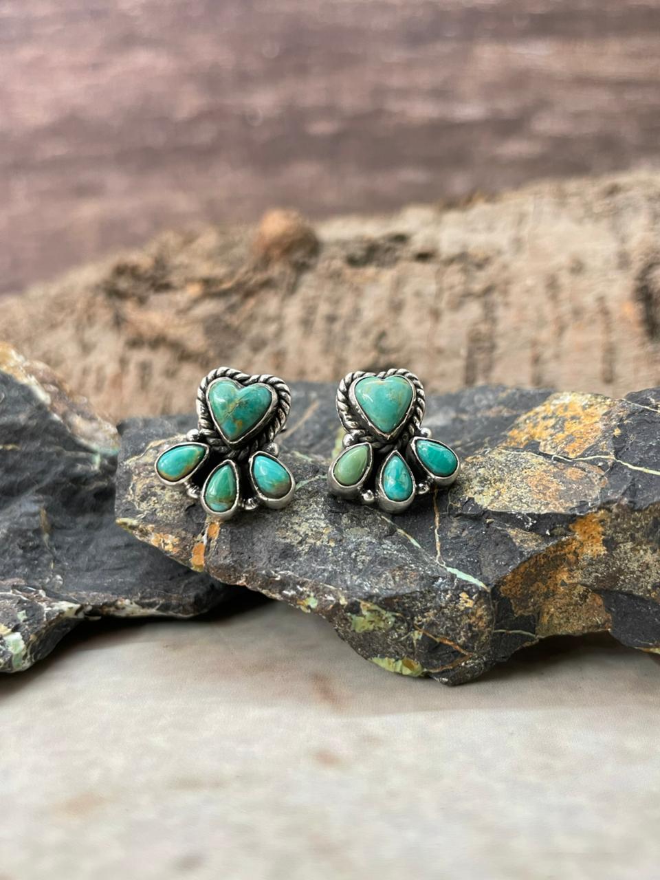 "Heart Collection" Handmade Sterling Silver Kingman Turquoise Post Studs Earrings "Signed Nizhoni"