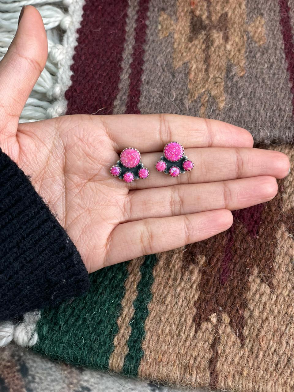 Handmade Sterling Silver Hot Pink Post Studs Earrings "Signed Nizhoni"