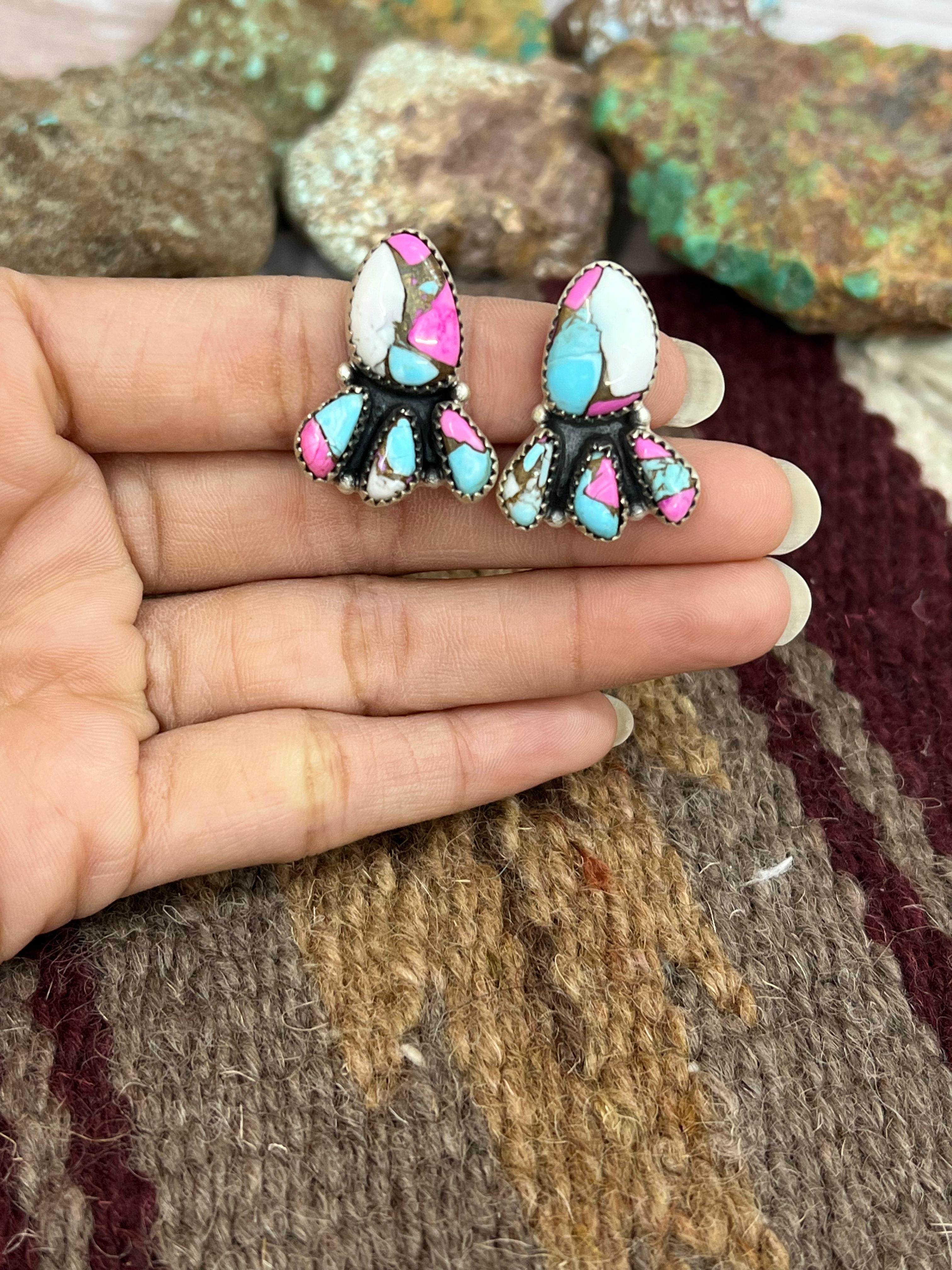 Handmade Sterling Silver Cotton Candy Turquoise Post Studs with Signed Nizhoni