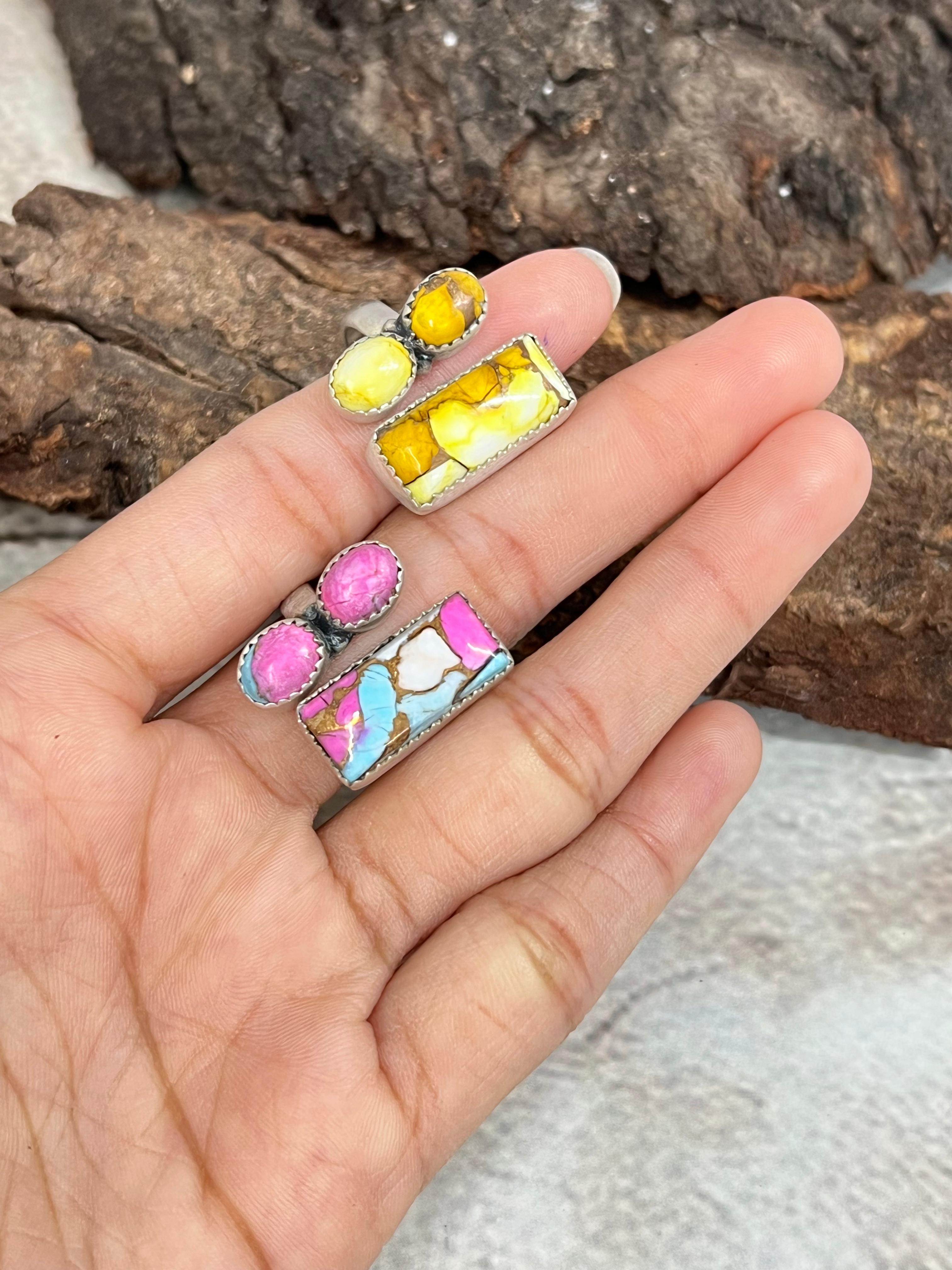 Handmade Sterling Silver Honey Dahlia, Cotton Candy Turquoise Adjustable Ring with Signed Nizhoni (2)