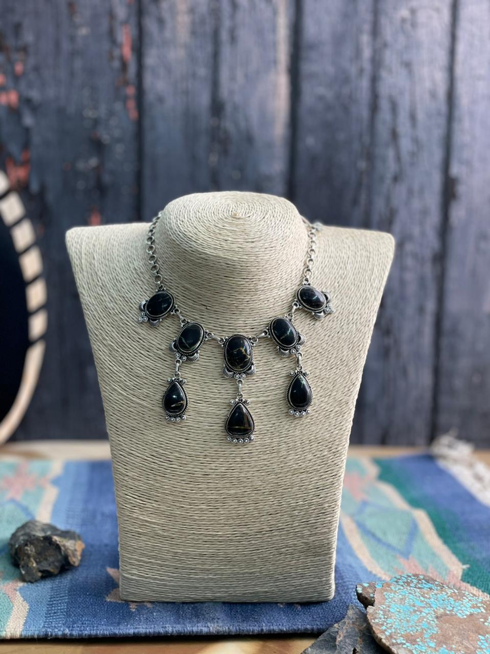 Handmade Sterling Silver Blackjack Turquoise Choker Necklace "Signed Nizhoni"