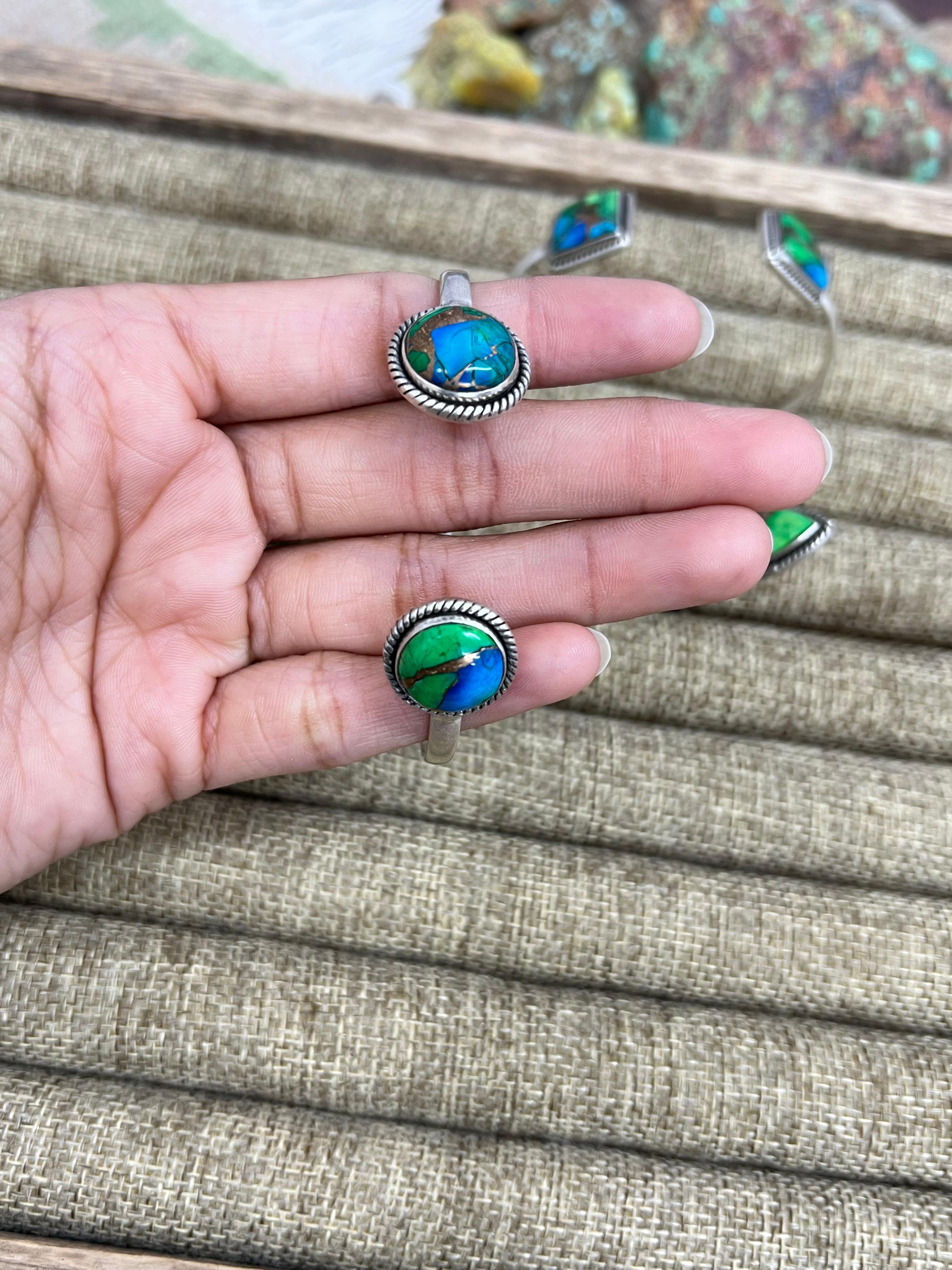 Handmade Sterling Silver Peacock Dahlia Cuff Bracelet with Signed Nizhoni