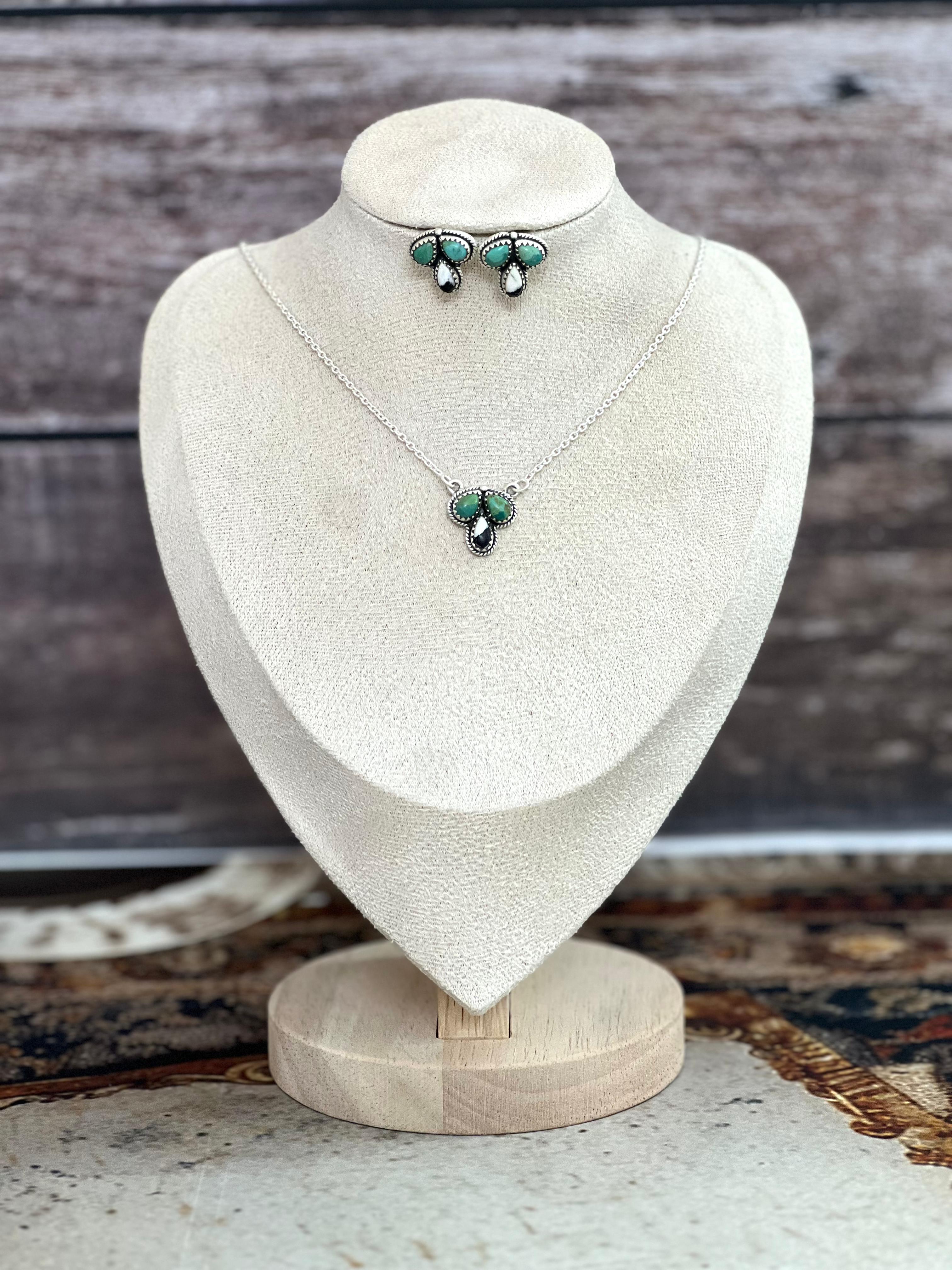 Handmade Sterling Silver White Buffalo with Kingman Turquoise Necklace Earrings Set, Signed Nizhoni
