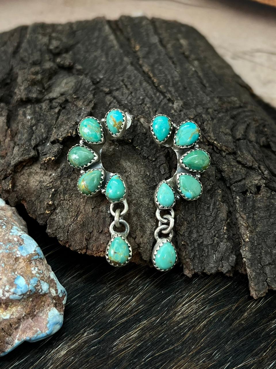 Handmade Sterling Silver Kingman Turquoise Post Dangle Earrings "Signed Nizhoni"